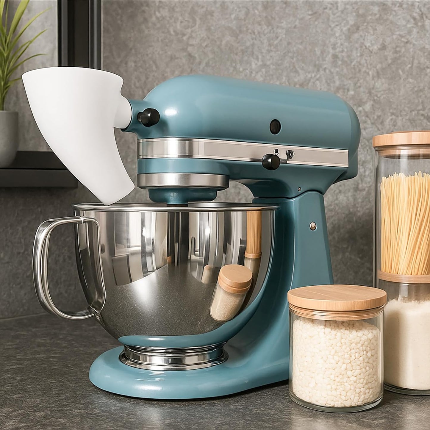 Flour Funnel for Kitchen Aid Stand Mixer, Plastic Funnel with Easy-Pour Attachment Fits KSM150 5-Quart Tilt-Head Mixers, Mess-Free Baking Accessory for Flour, Sugar, and Egg Liquid (GREEN1PCS)