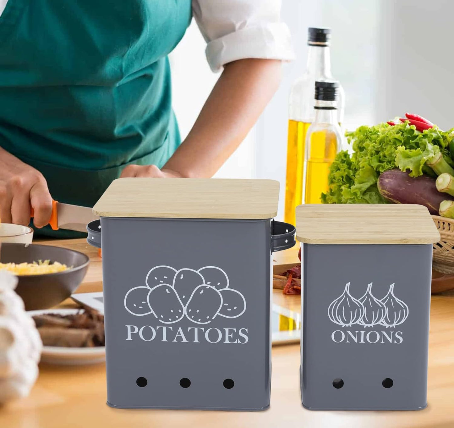 Kitchen Vegetable Storage Tins Set of 2 for Potatoes, Onion, with wooden lid Garlic Bin Caddy, Long Shelf Life-Grey