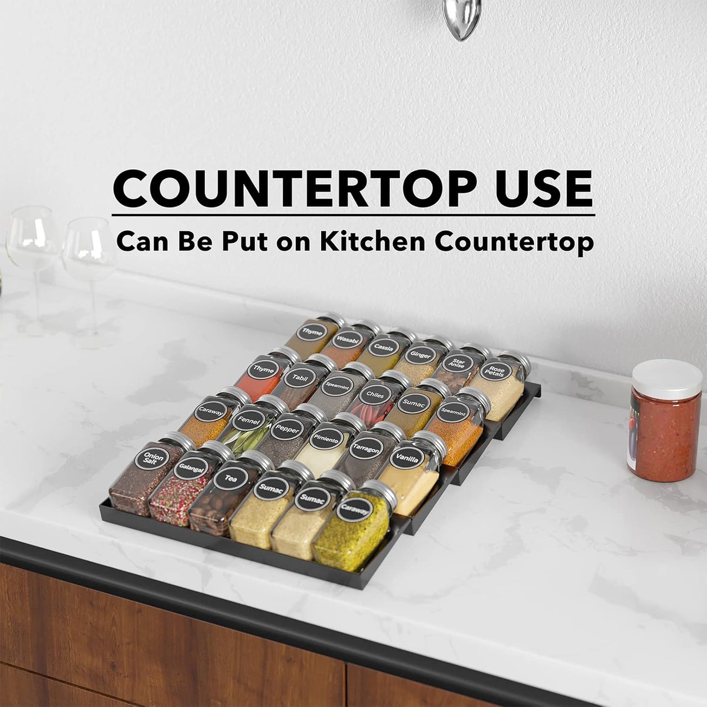 SpaceAid Spice Drawer Organizer with 24 Spice Jars, 386 Spice Labels, 4 Tier Seasoning Rack Tray Insert for Kitchen Drawers, 11.25" Wide x 17.5" Deep