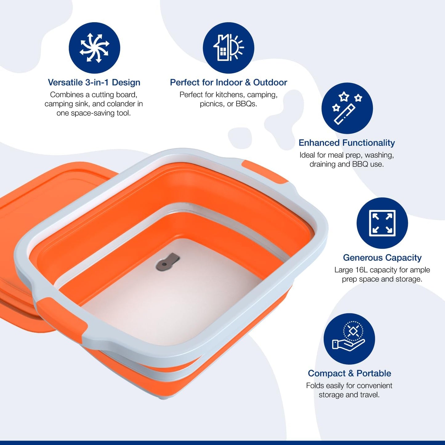 2-Pack XL Collapsible BBQ Prep Tub with Built-In Cutting Board, Lid & Strainer – Marinate, Drain & Prep – Large Food-Safe Container – Perfect for Grilling, Smoking & Outdoor Cooking