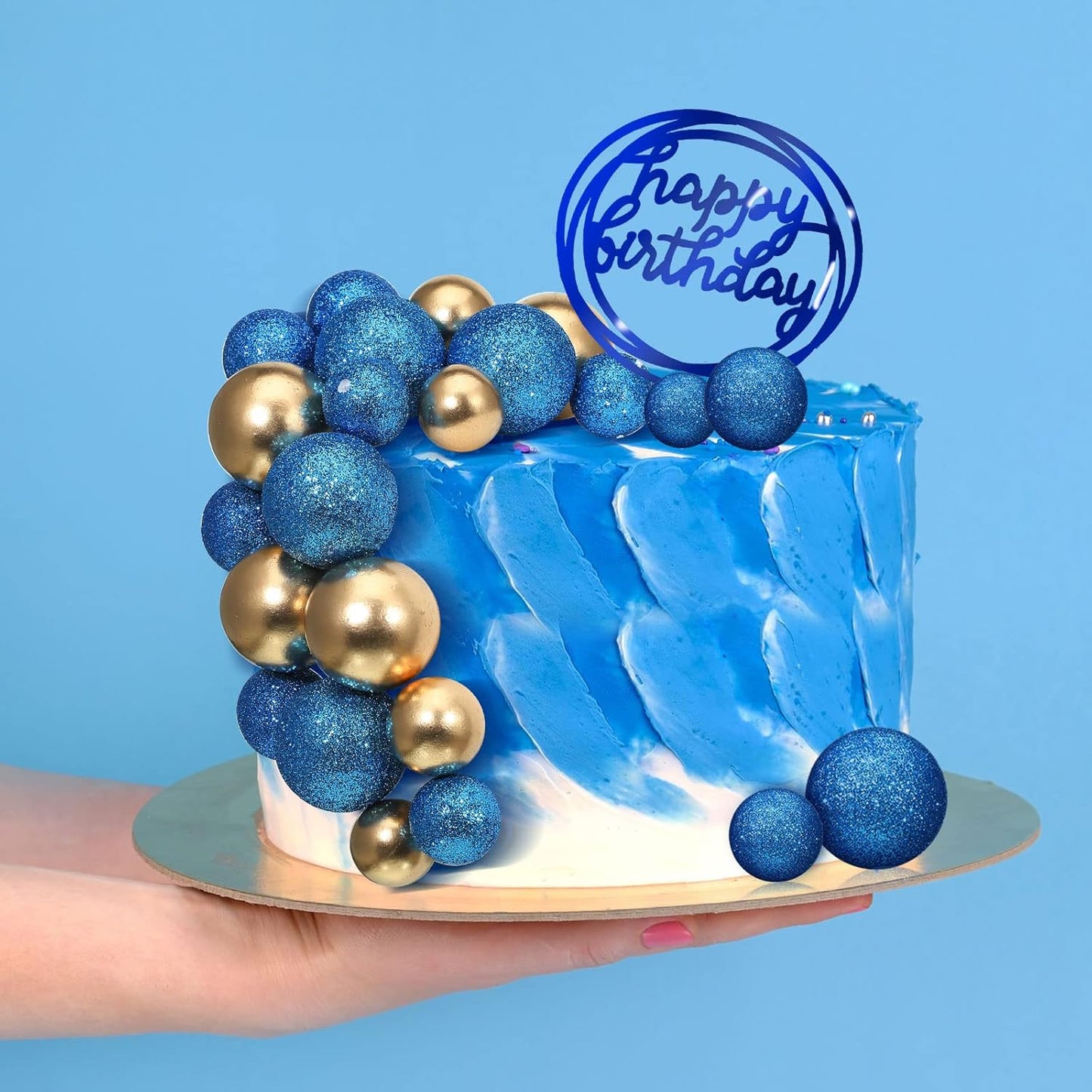 108 Pcs Balls Cake Topper DIY Cupcake Insert Foam Balloons for Cake Baking Wedding Anniversary Birthday Decoration(Bright Blue, Gold,Multi Sizes)