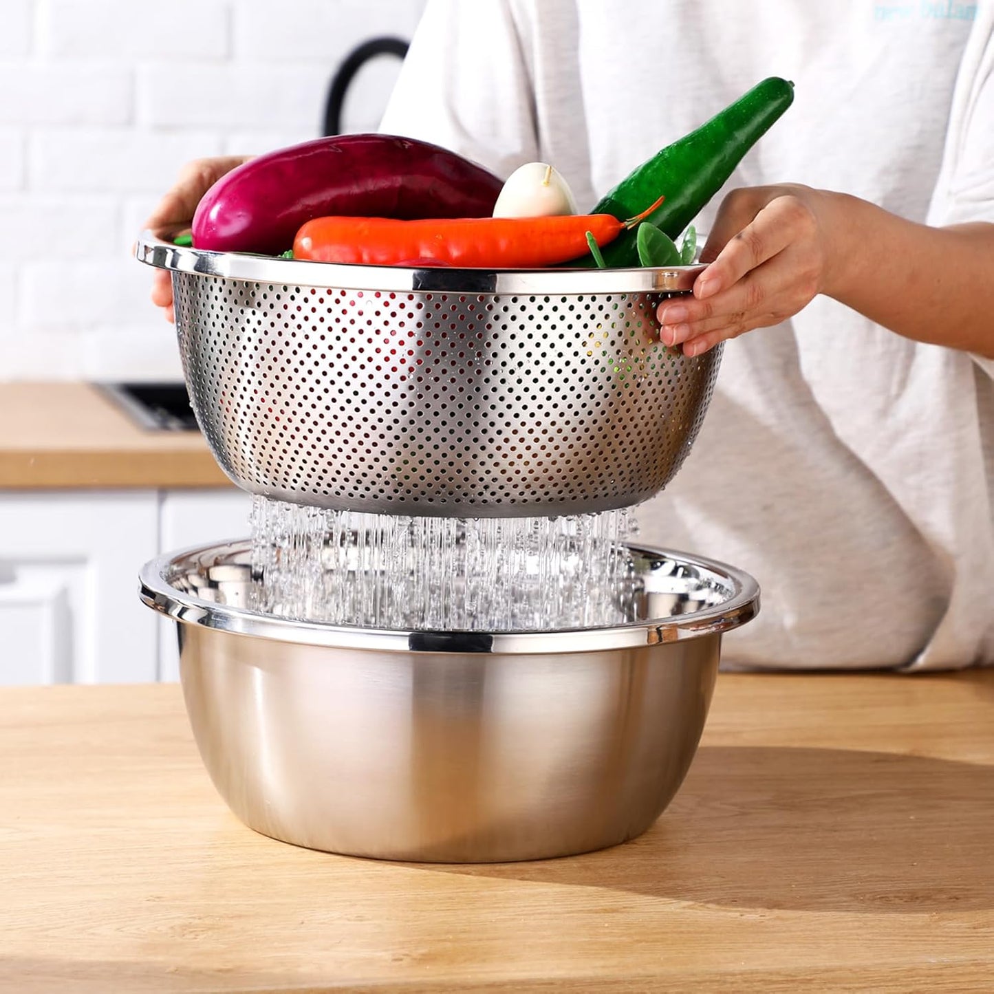 Uiifan 8 Pcs Stainless Steel Mixing Bowl with Stainless Steel Colander Rice Washing Colander Bowl Set Nesting Bowls for Washing Draining Storage(1.8/3.9/4.9/6.6 QT)