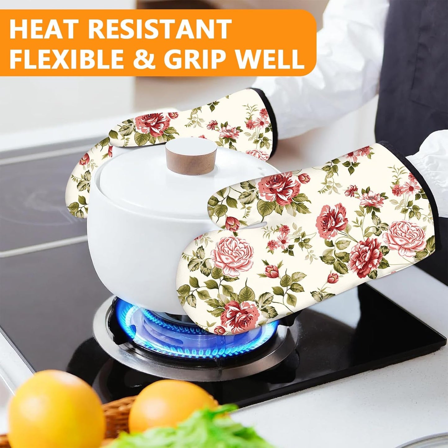 Red Rose Oven Mitts and Pot Holders Sets 4Pcs,Extra Long Oven Gloves Potholder for Kitchen Cooking Baking BBQ 100% Cotton Heat Resistant