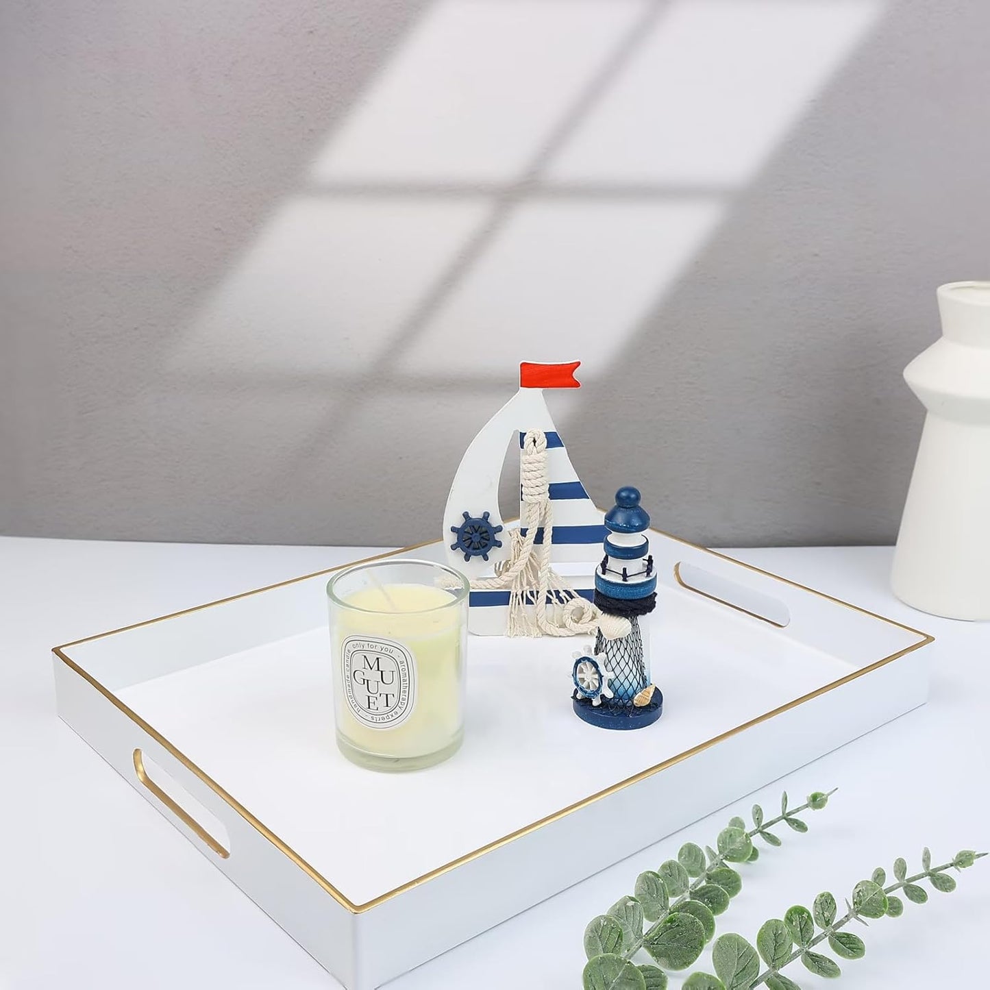 Spsyrine White Plastic Serving Tray for Ottoman, Coffee Table, Rectangle Decorative Tray for Entertaining, Outdoor, Living Room, Home Decor