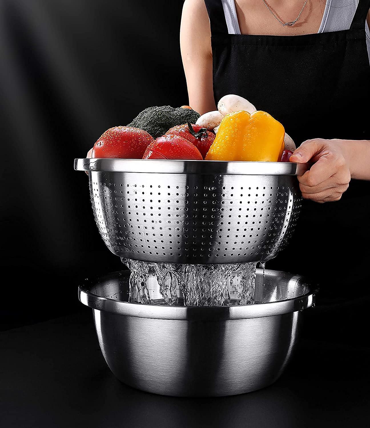 meleg otthon Stainless Steel Mixing Bowls, 5.8QT Salad Bowl, Metal Bowls with Water Filter Basin, Stainless Steel Basin, Heavy Duty Deeper Edge Mirror Finish Dishwasher Safe Bowl (L)