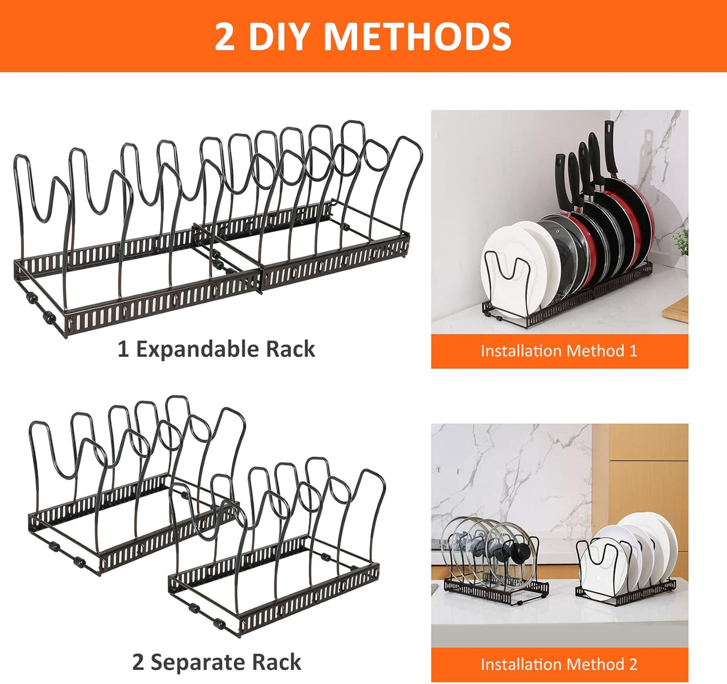 Pot Rack Organizer -Expandable Pot and Pan Organizer for Cabinet,Pot Lid Organizer Holder with 10 Adjustable Compartment for Kitchen Cabinet Cookware Baking Frying Rack,Bronze