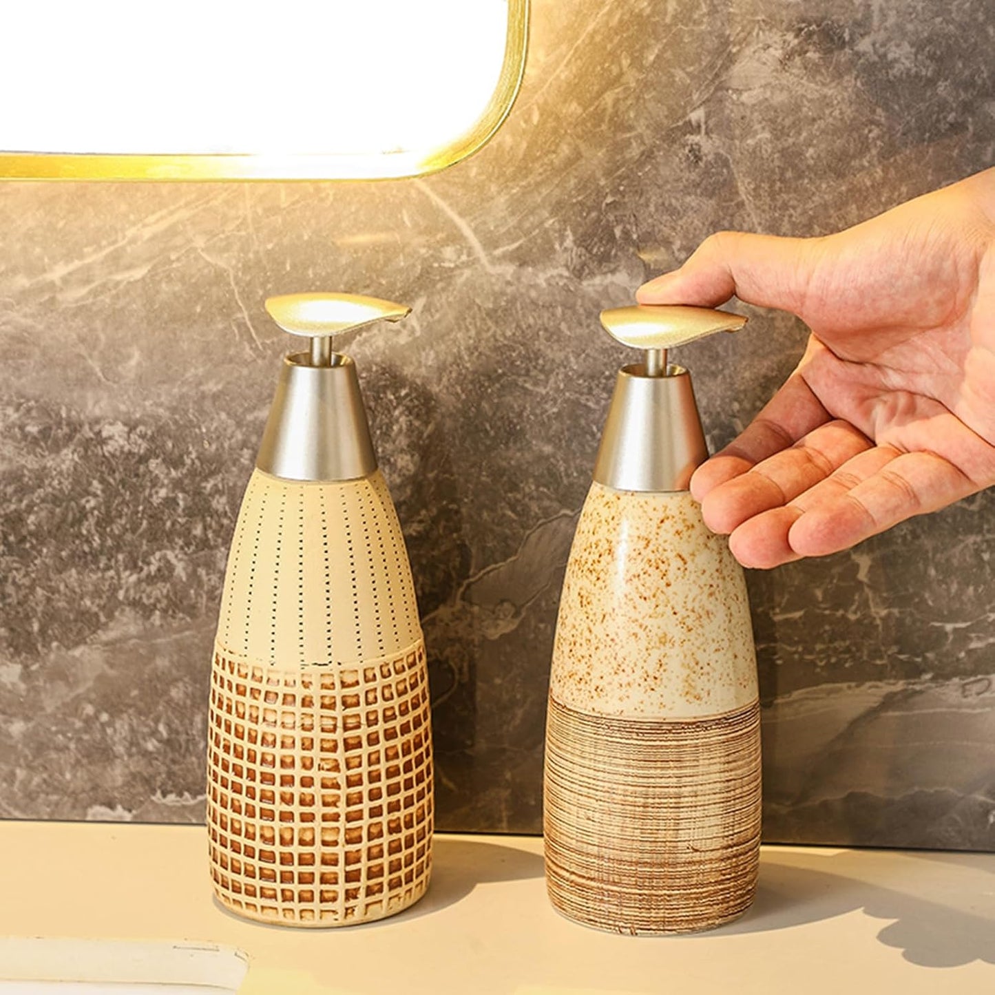 Ceramic Soap Dispenser with Plastic Pump – 12oz Refillable Liquid Dispenser for Bathroom, Kitchen, Office, Hotel, Airbnb, or Vacation Rental (Type B)