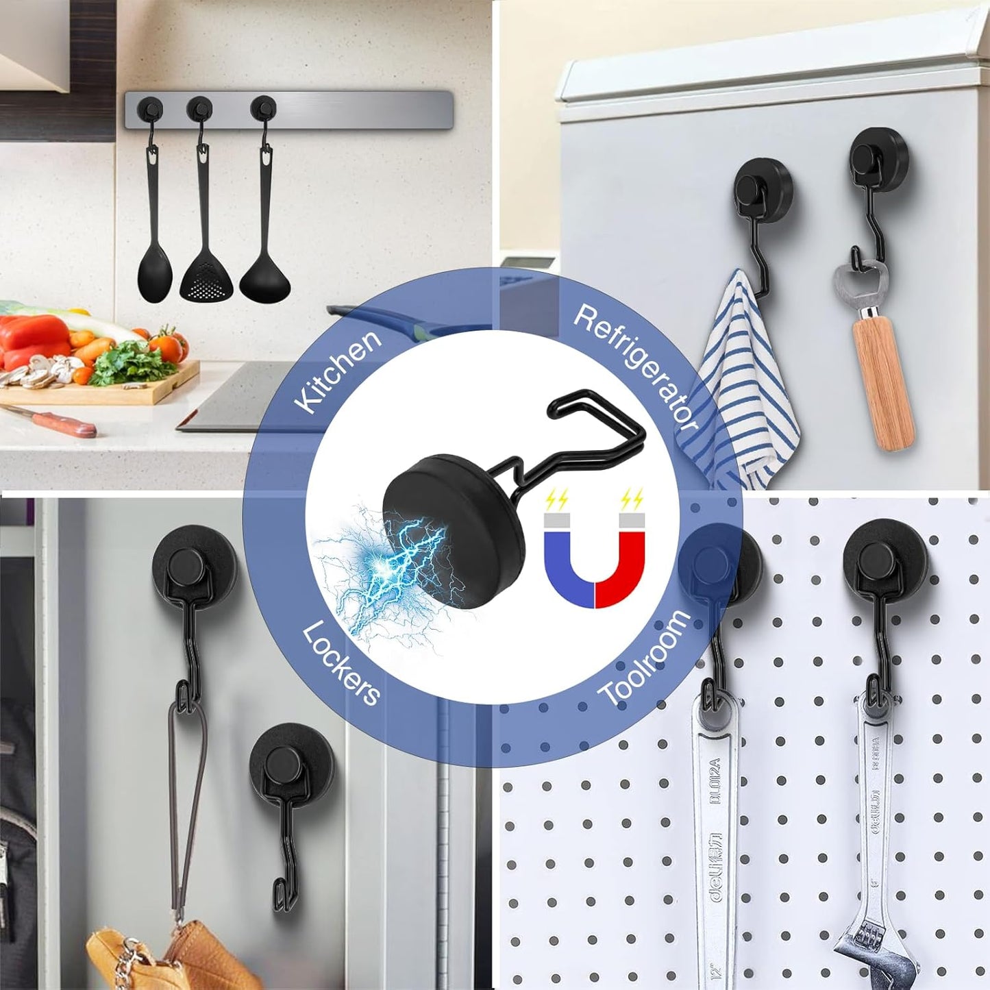 Magnetic Hooks for Grill & Refrigerator, 4-Pack Heavy Duty Rubber Coated Rust Proof Hooks – Strong Magnet for Hanging Grill Tools, Kitchen Utensils, Towels, Outdoor Camping BBQ Accessories (Black)