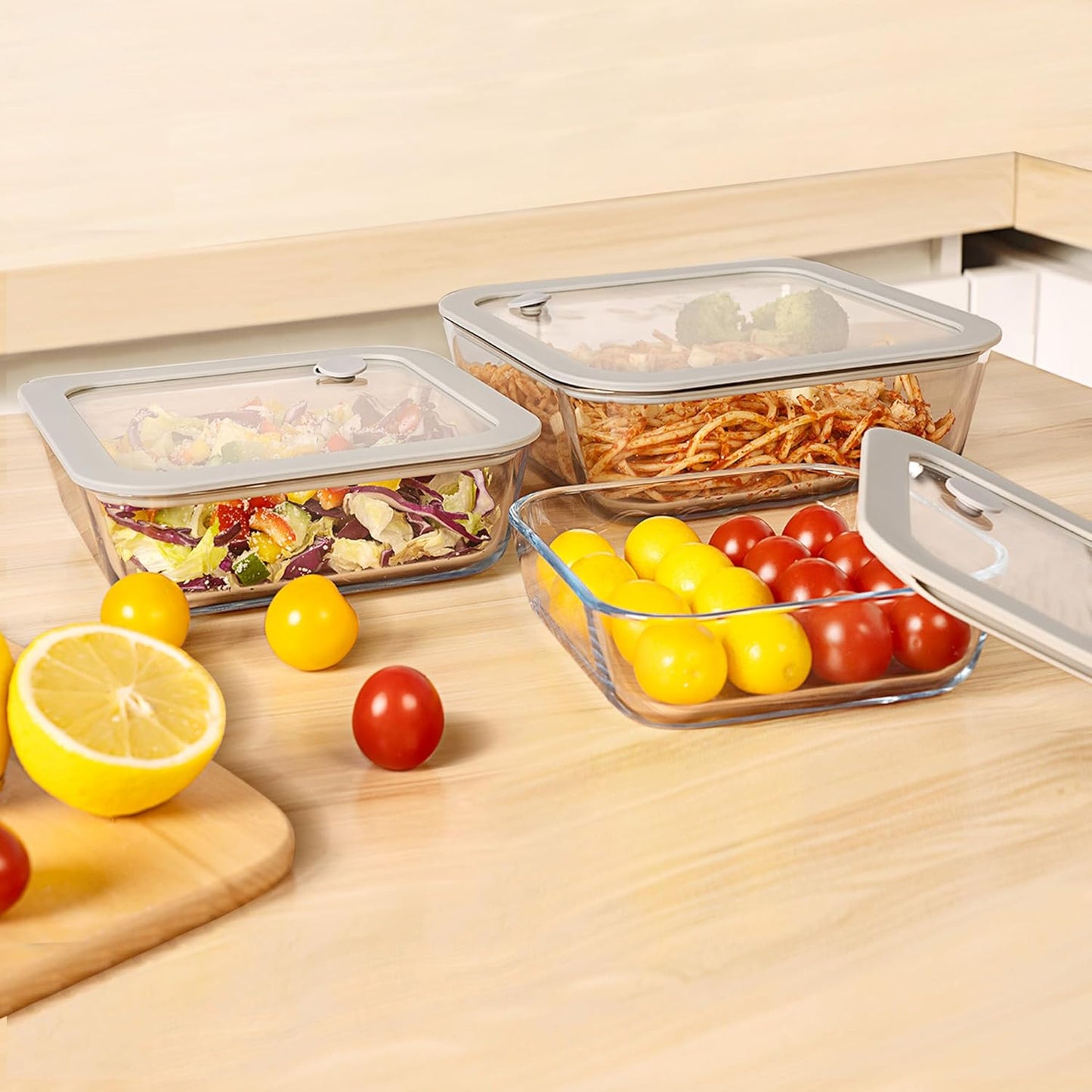 Glass Food Containers with Glass Lid, Microwave Safe Food Storage Container Set, 3 Pack, Square Shape, Food Containers with Lids, Meal Prep containers with Leak Proof Lid.