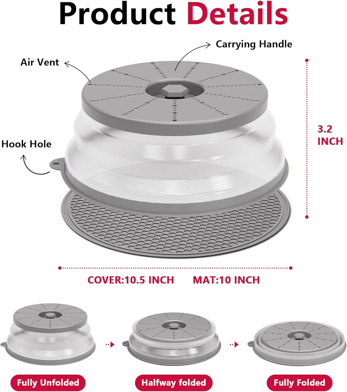 WVM Microwave Splatter Cover & Mat, Vented Collapsible Splatter Guard dish Plate lid & Silicone Round Kitchen Mat for Food, Meal Prep, Grey