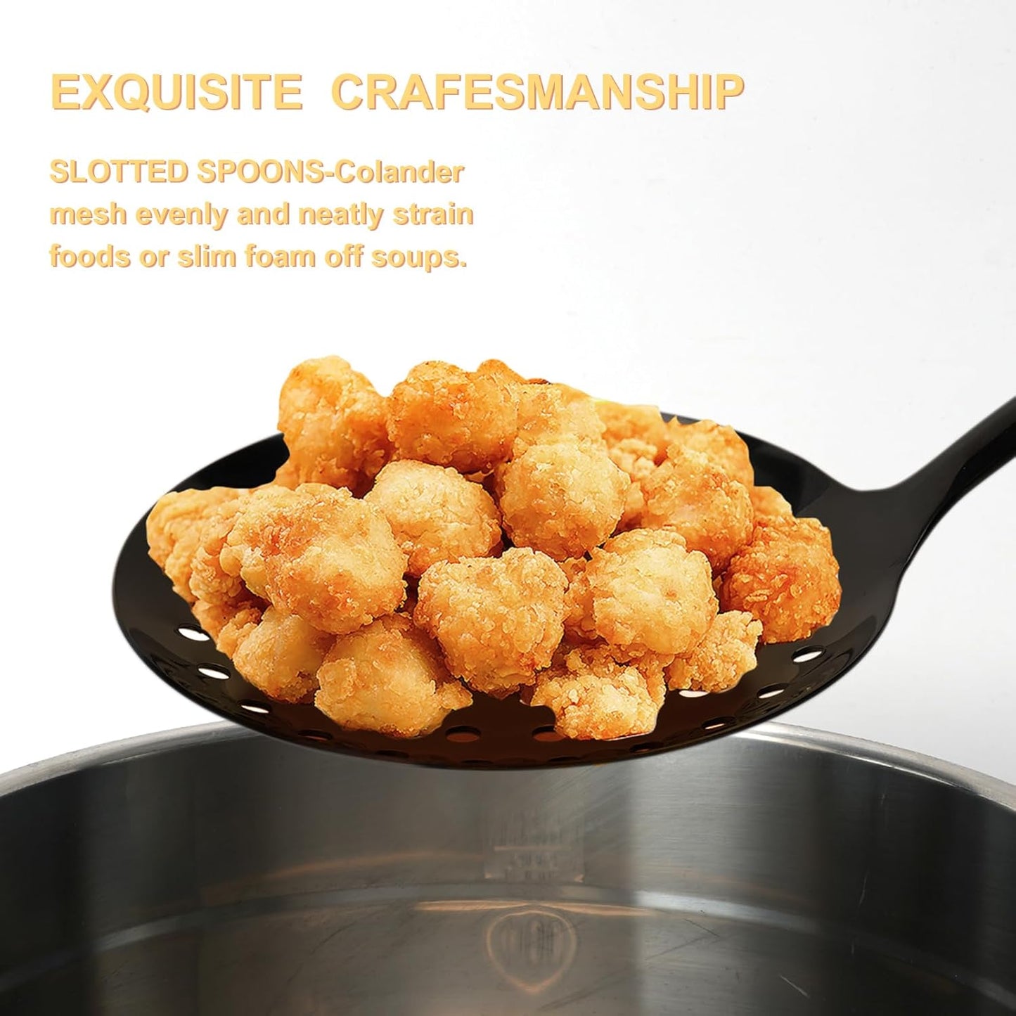 3-Piece Cooking Utensils Set Stainless Steel Large Serving Spoons Set Slotted Spoon Spatula Turner Skimmer Commercial and Residential Use Dishwasher Safe, Black