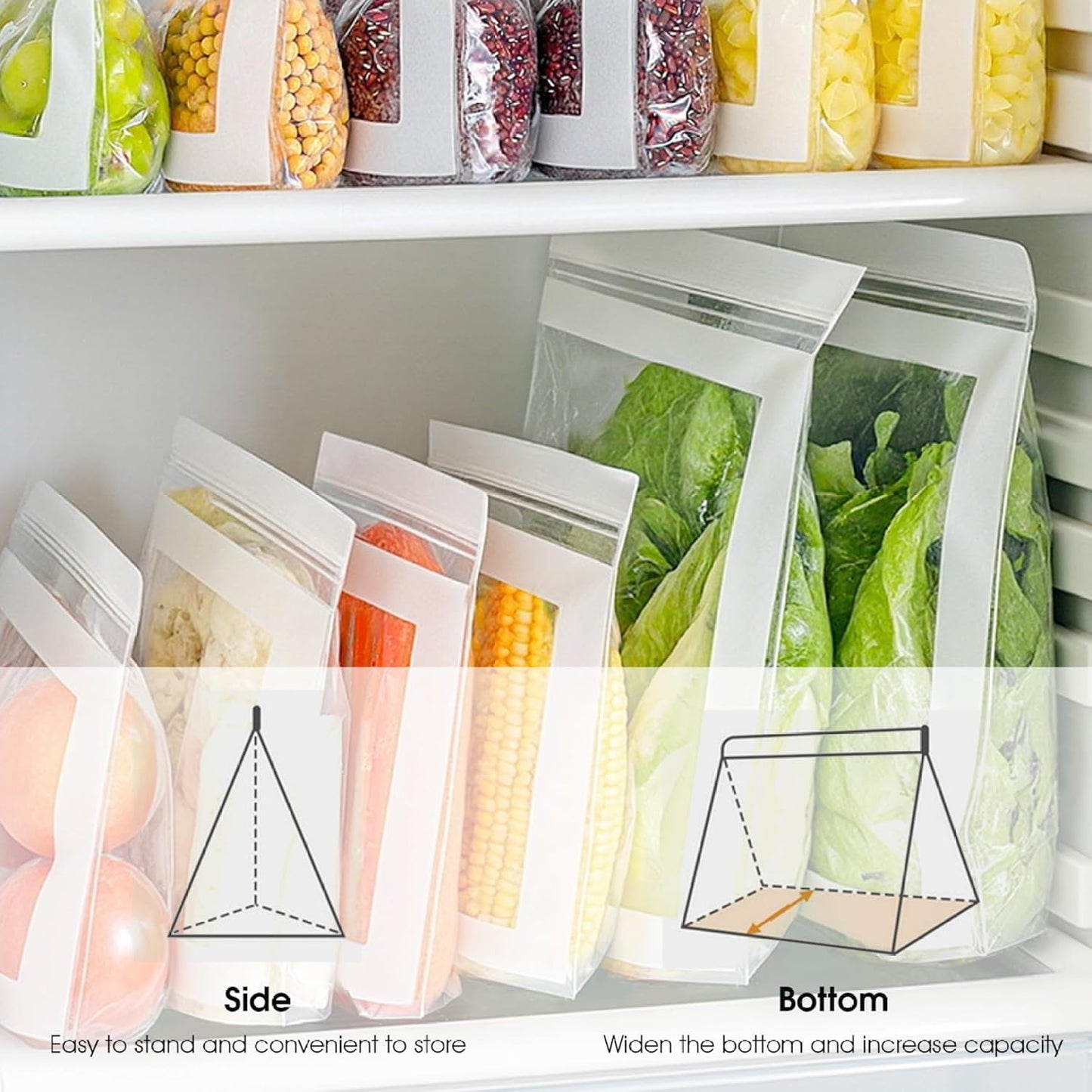 Reusable Freezer Bags 85PCS, Gallon Food Storage Bags with Stand & Label Leakproof Reusable Sandwich Bag for Kitchen, Vegetables, Snacks(Long style)