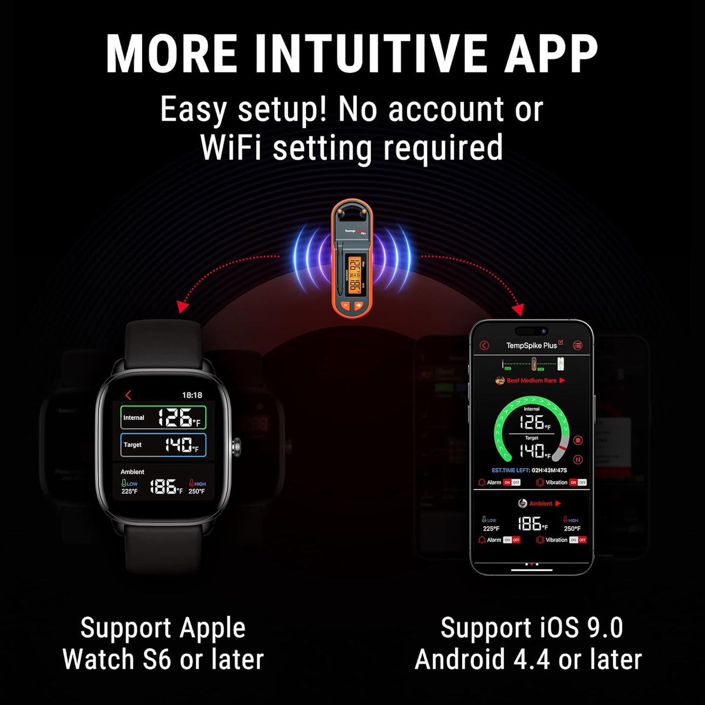 Thermopro TempSpike 600 ft Wireless Meat Thermometer Digital with Ultra-Thinner Probe, Bluetooth Meat Thermometer Wireless with LCD-Enhanced Booster for BBQ Grill Smoker Rotisserie Sous Vide