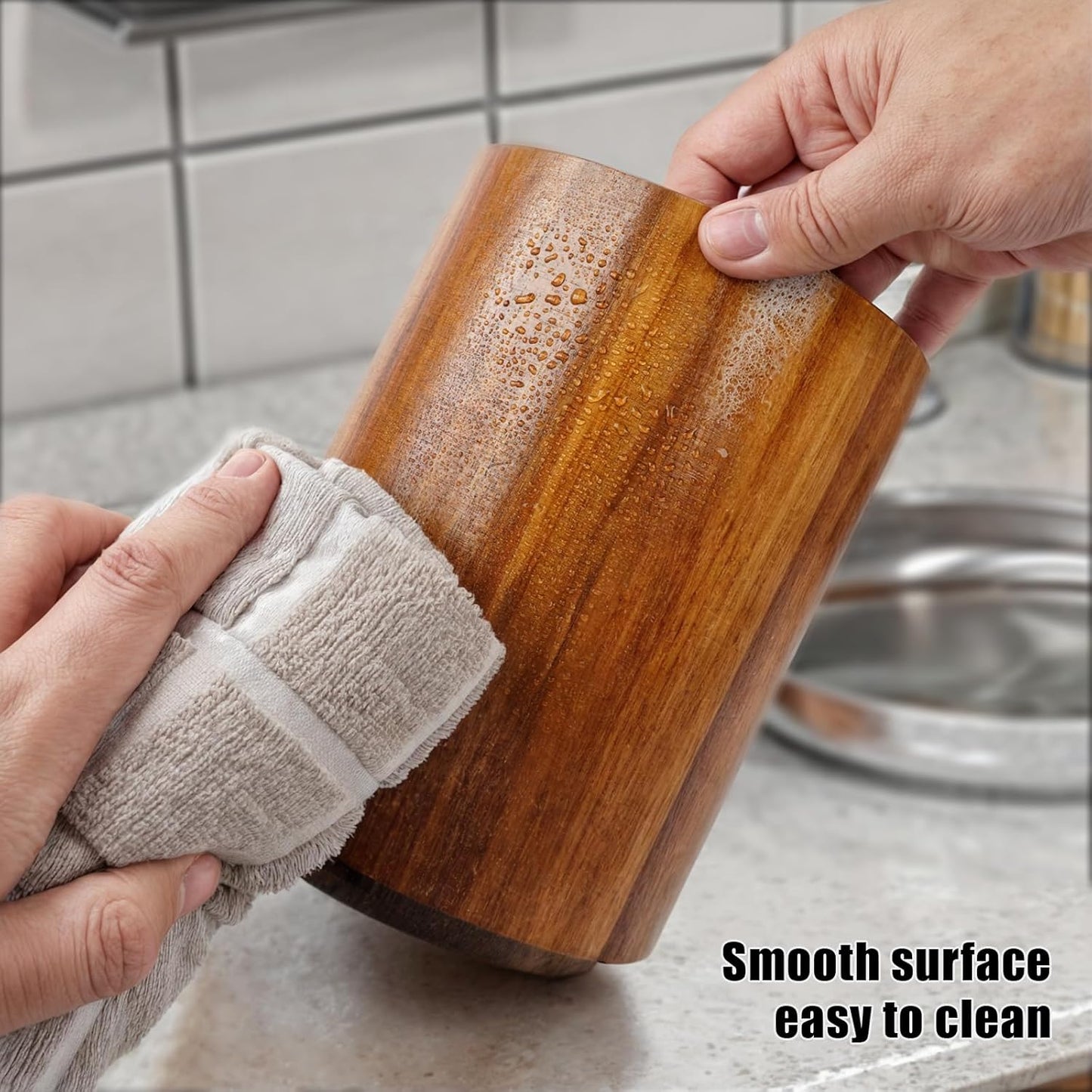 Large Acacia Wood Utensil Holder for Kitchen Counter, 360° Rotating Kitchen Utensil Holder, Set of 2 (7.9" & 5.9"), Rustic Farmhouse Decor Accessories