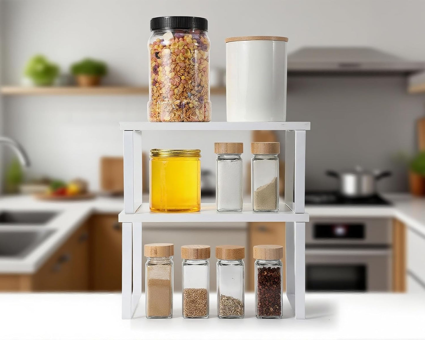 Marsui 4 Pcs Kitchen Organizer Accessories Set Cabinet Organizer Shelf and Bamboo Dish Drying Plate Rack Counter Shelves Storage Holder for Spice Rack, Dish, Pot Lid, Bowl, Cup (White)