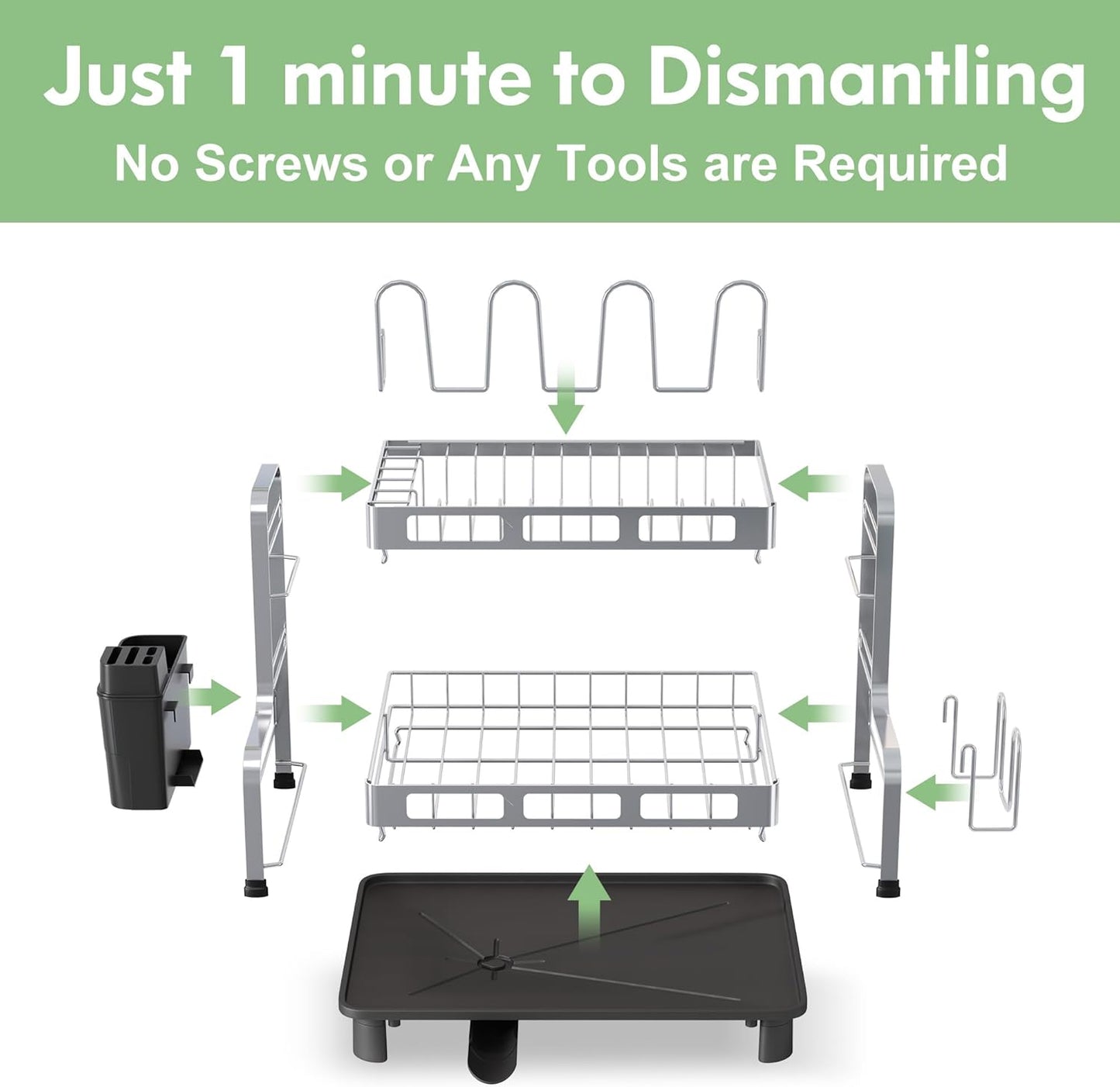 BOOSINY 2 Tier Stainless Steel Dish Drying Rack for Kitchen Counter, Large Dish Dryer Rack for Saving Space, Dish Drainers with Cup Holder & Utensil Holders, Silver