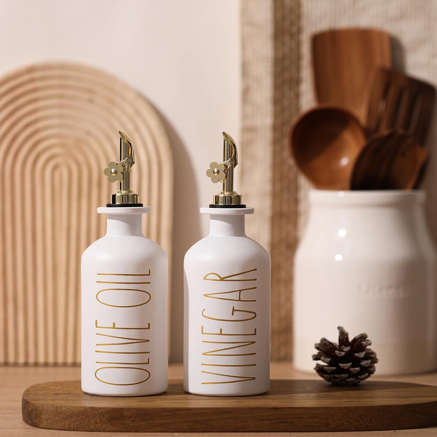 HOMCDALY Premium Olive Oil Dispenser for Kitchen, 11.8oz Glass Oil Bottles with Bamboo Tray, White and Gold Oil&Vinegar Cruet Set, Kitchen Dispenser Bottles with Pourer| Set of 2 (11.8oz –P–Gold)