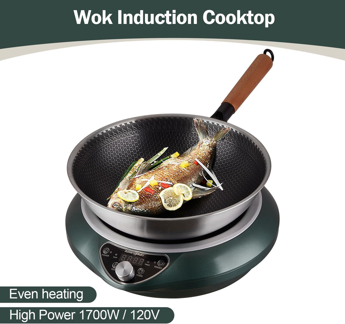 Wok Induction Cooktop 1700W 120V Wok Burner Induction Curved Electric Stove Hot Plate With Stainless Steel Pot