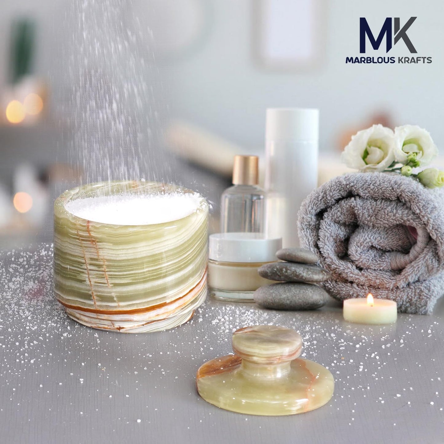 Marble Salt Cellar with Lid 3" Green Onyx Stone Salt Holder for Counter & Stone Salt Container, Salt Dish, Salt Box & Spice Jar