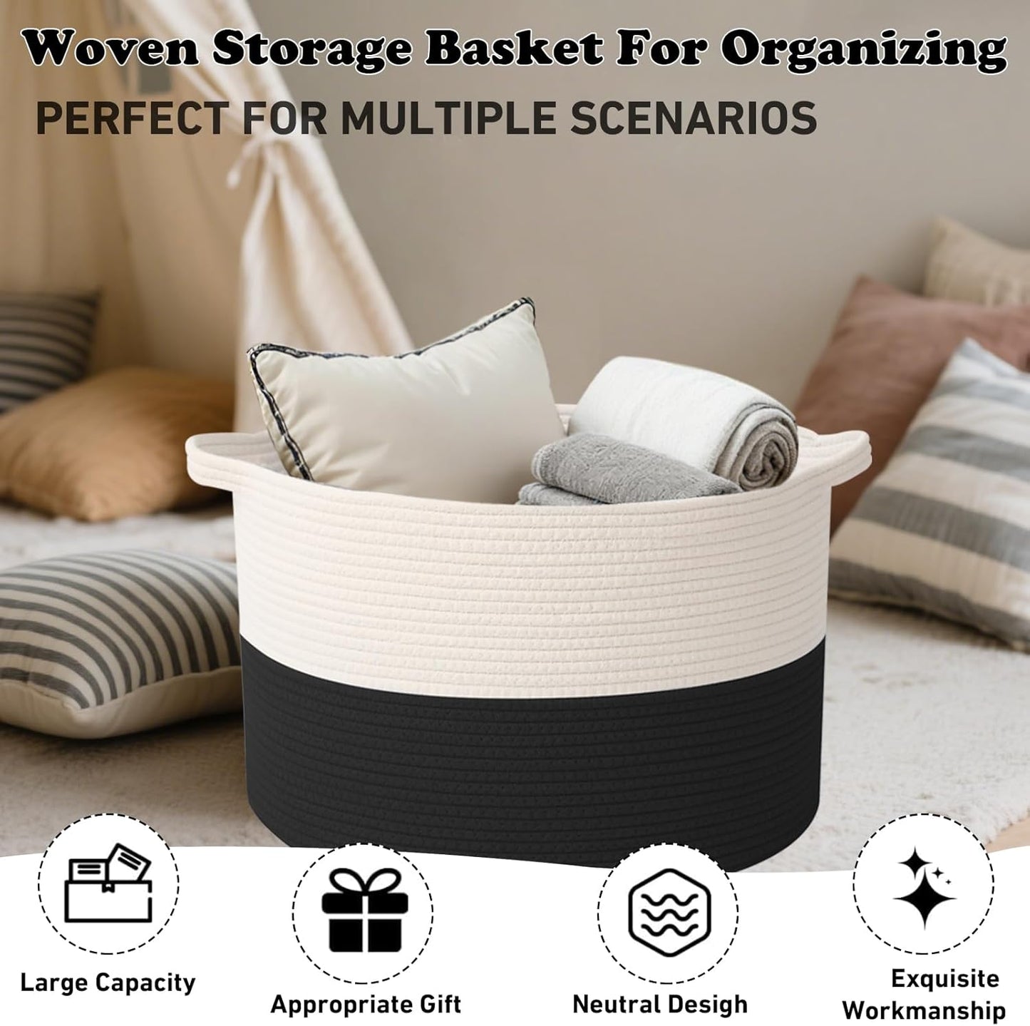 Large Blanket Basket for Organizing,115L Closet Organizers and Storage Bins Box for Shelves Woven Rope Storage Baskets,Living Room,Bedroom,Dorm,Laundry room (White&Black)