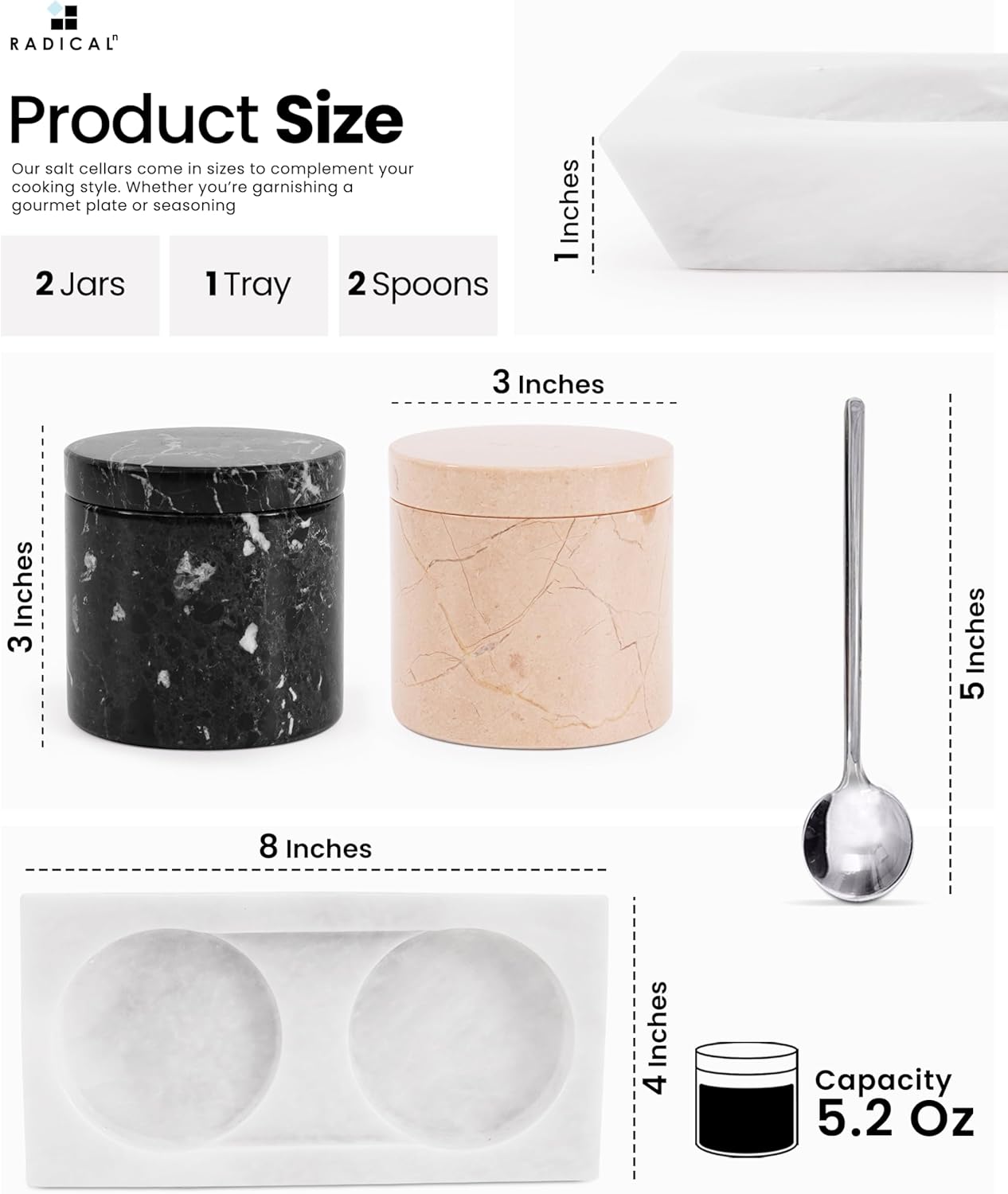 Radicaln Marble Salt Cellar With Lid and Tray 3" Inches Handmade Verona and Black Spice Jar For Kitchen Countertop, Ideal Set of 2 Salt bowl For Home