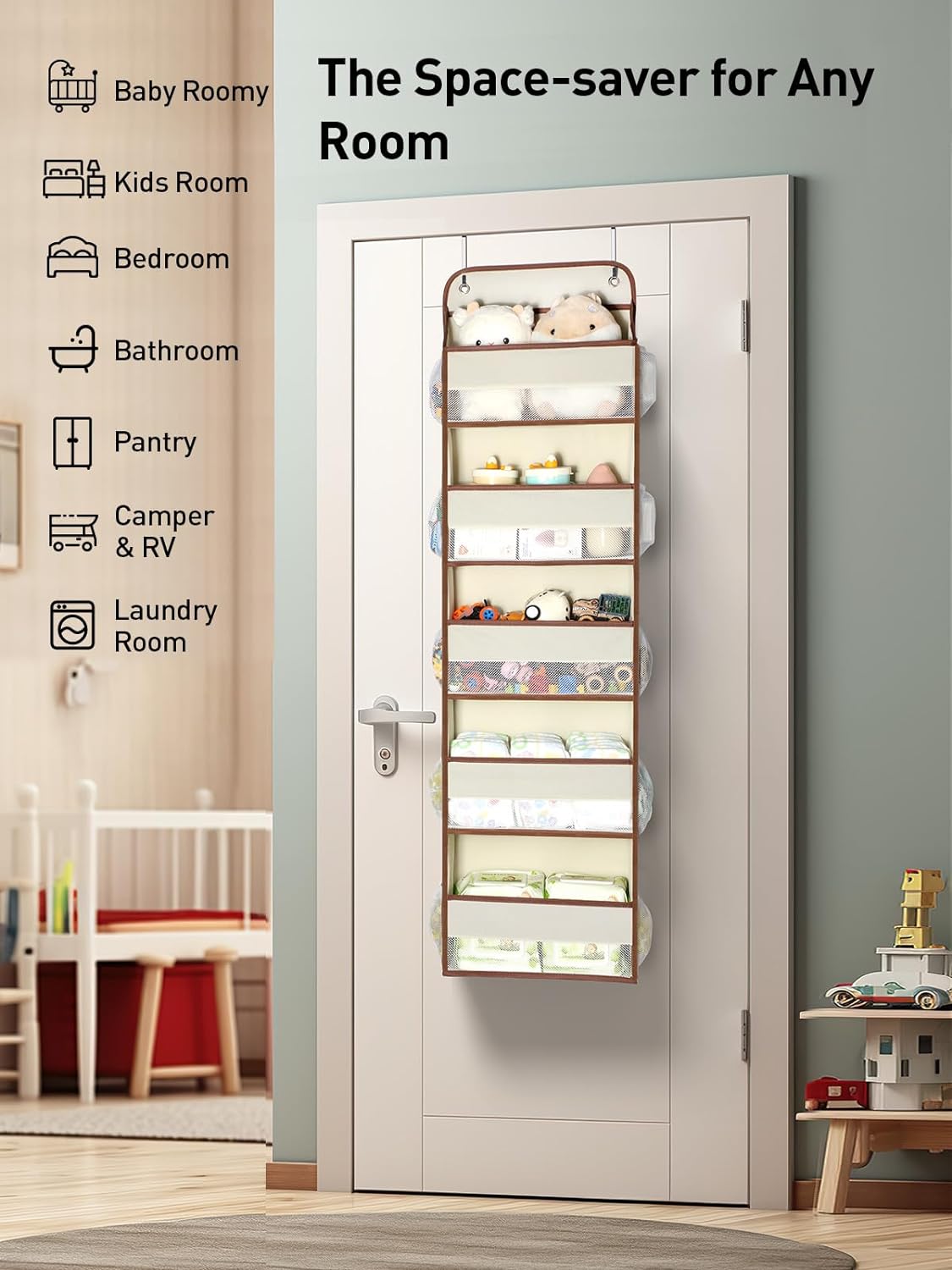 Yecaye 1 Pc 5 Tier Over the Door Organizer with 15 Pockets | 44lb Load Over the Door Storage | No Sagging Closet Organizers and Storage | Versatile Nursery Hanging Organizers for Home Dorm - Beige