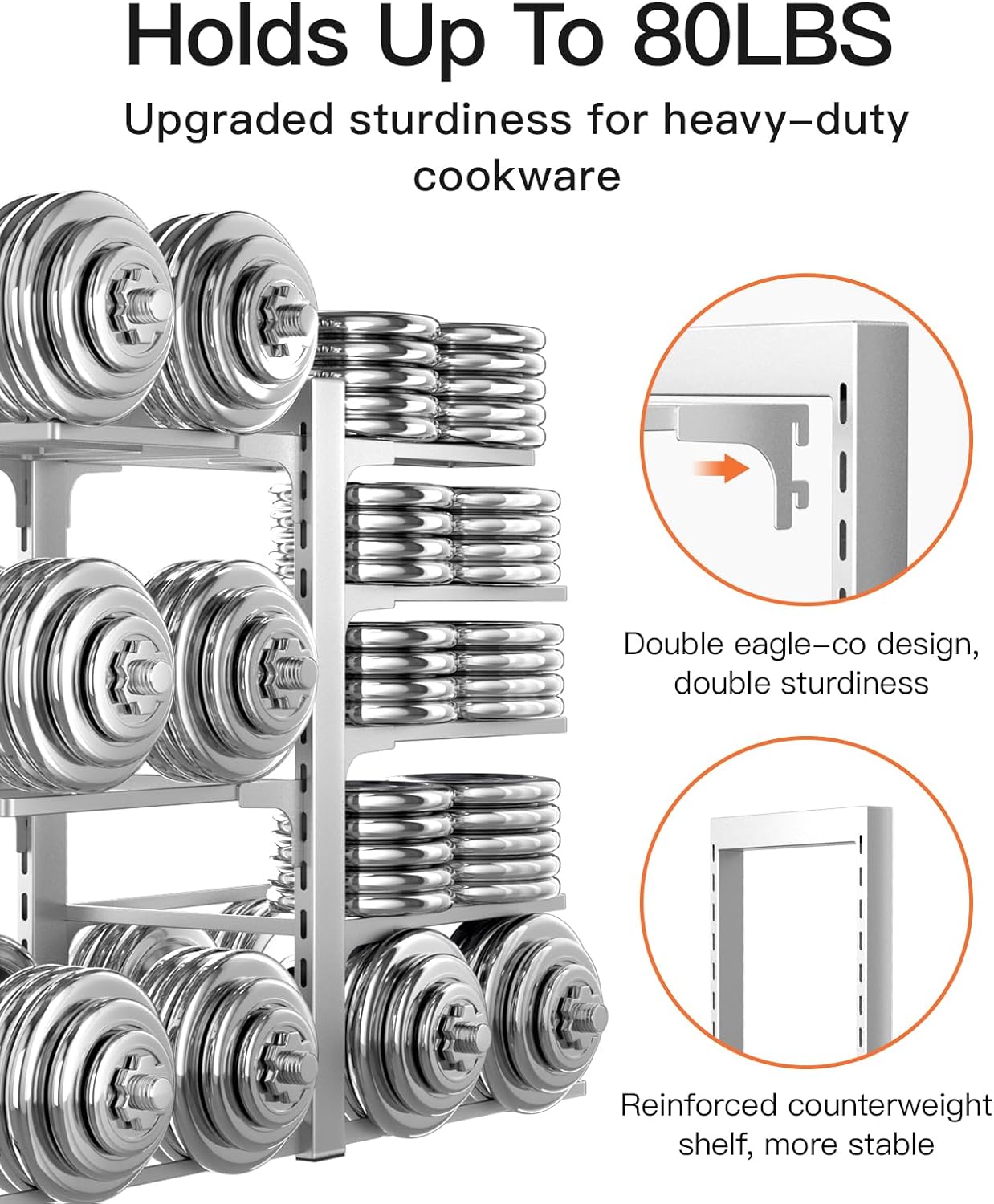 ORDORA 8-Tier Pots and Pans Organizer under Cabinet, Kitchen Cabinet Organizers and Storage, Heavy Duty 120LBS Pots and Pan Storage Rack Organizer inside Cabinet, Adjustable, Silver