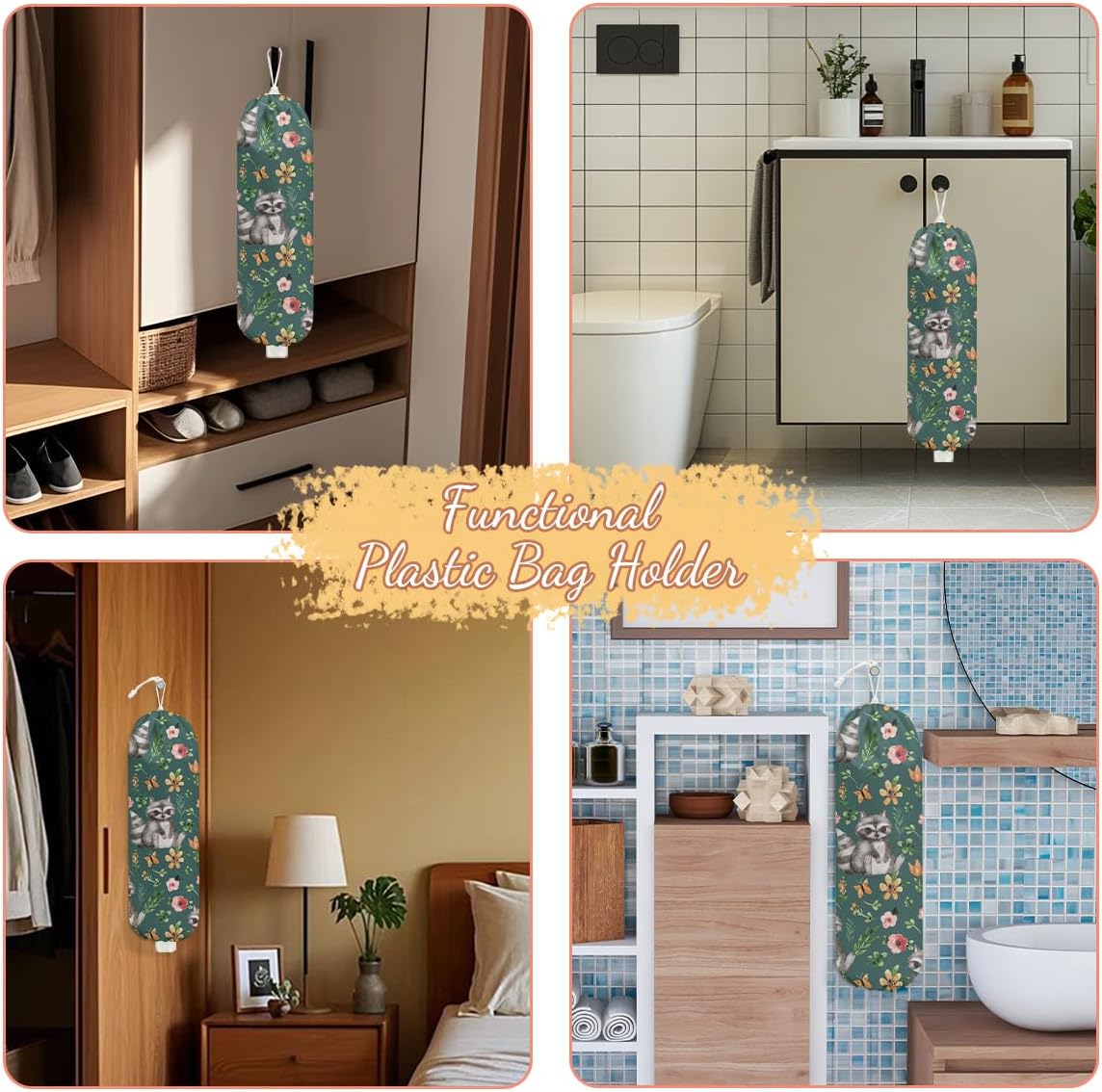 Raccoon Plastic Bag Holder, Wall Mount Grocery Bag Holder, Plastic Storage bag, Pull Rope Free Adjustment, Plastic Bag Holders for Grocery Bags, Plastic Bag Dispenser for Home Kitchen