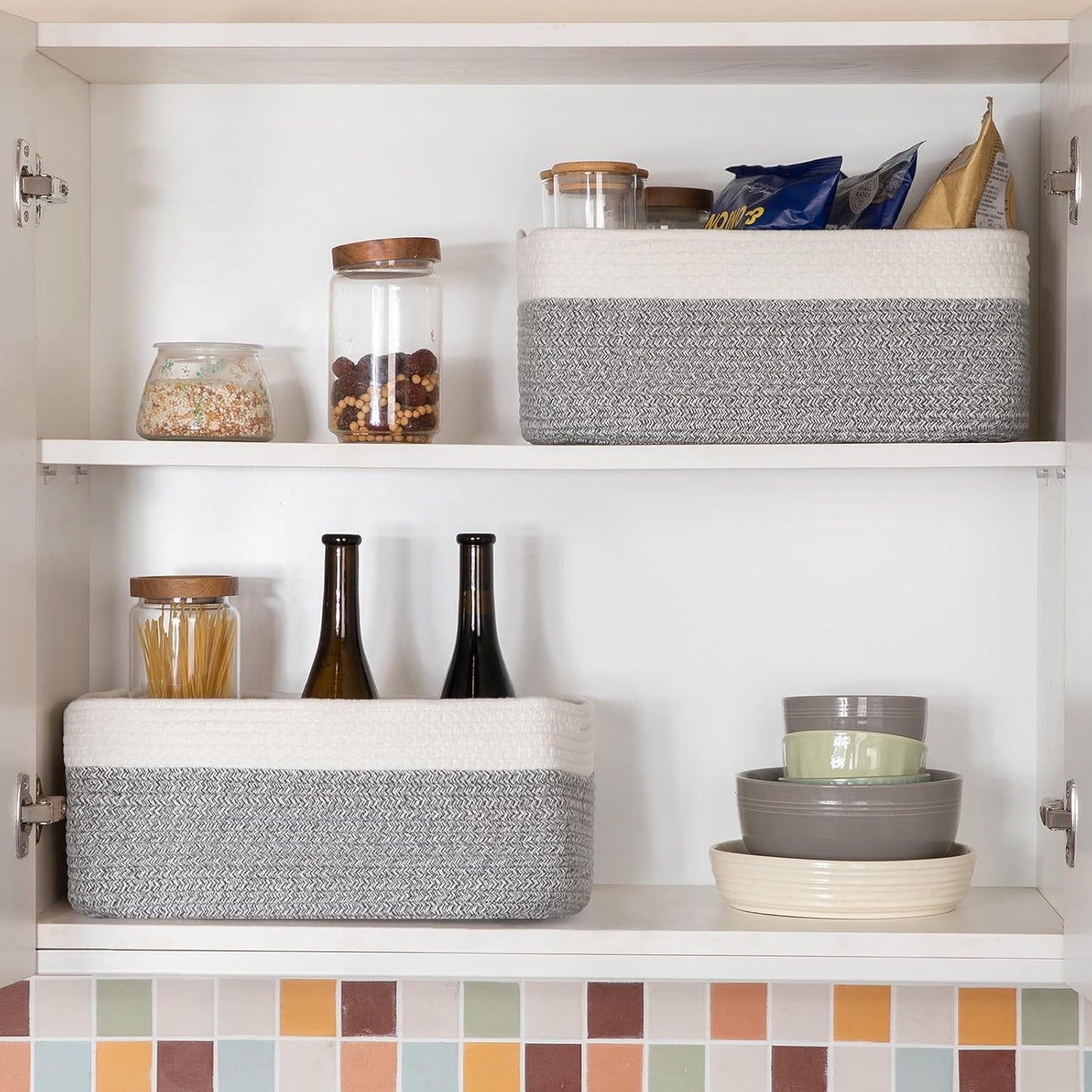 Storage Baskets for Organizing 3 Pack, Woven Baskets for Shelves, Closet Organizer Bins Empty Gift Basket Toy Storage for Toys, Books, Towels, Clothes, 15"x11.42"x6.7", Grey