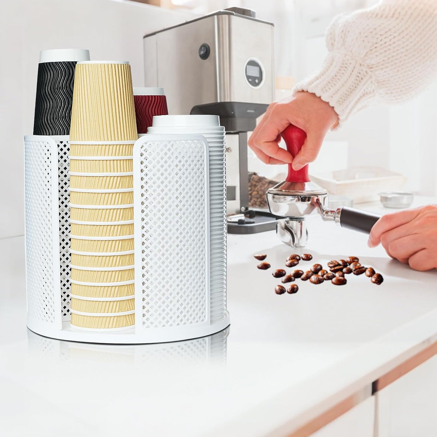 Rotating Cup Dispenser, Coffee Cup Holder with 4 Compartments, Disposable Paper Cup Organizer Fits 5 to 16 oz Cups for Kitchen Cabinets, Detachable Plastic Cup Stand & Lid Holder, White