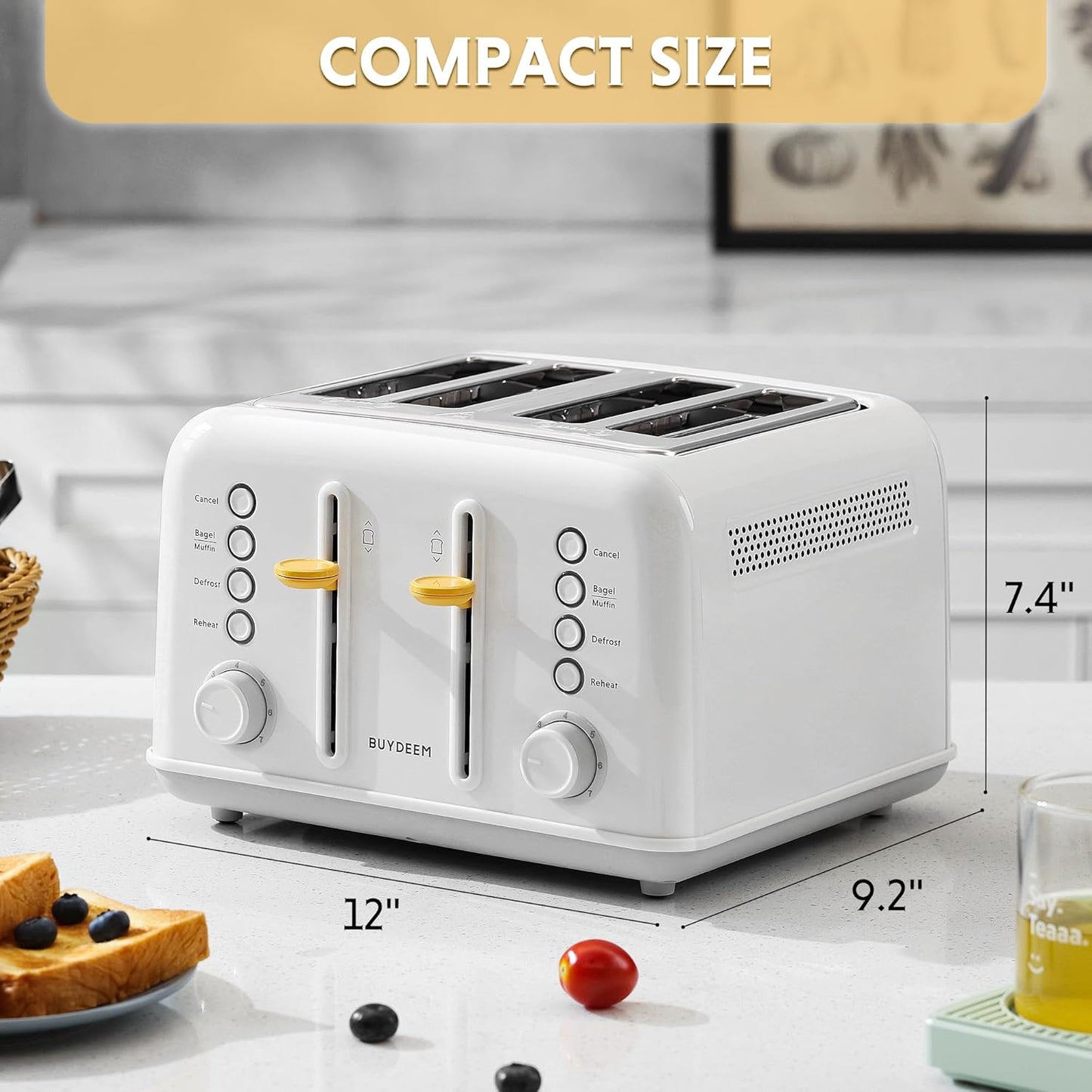 BUYDEEM DT640 4-Slice Toaster, Extra Wide Slots, Stainless Steel with High Lift Lever, Bagel and Muffin Function, Removal Crumb Tray, 7-Shade Settings, Arctic White