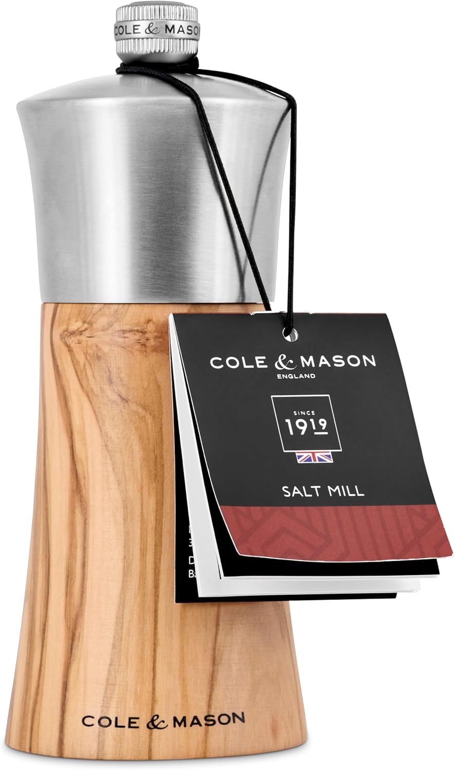 Cole & Mason Bromley Salt Mill, 6" - Salt Grinder with Ultra-Sharp Grinding Mechanism - Flavor-Enhancing Salt Shaker - Refillable Mill with Adjustable Grinding - Olive Wood, Salt Mill