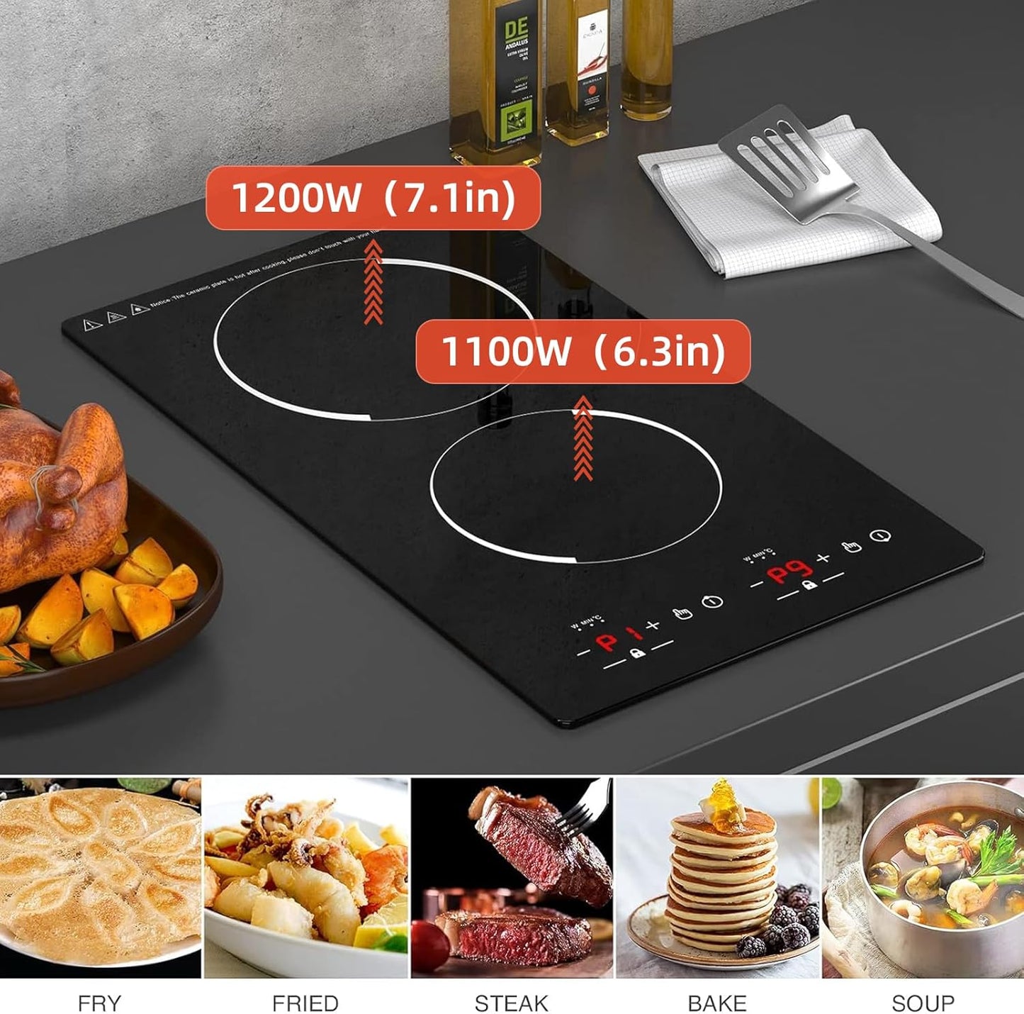12“ Induction Cooktop, Double Induction Cooktop 2 Burner 110v-120v Electric Stove Top, Countertop and Built-in, 9 Power Levels, Child Lock, 120 Mins Timer