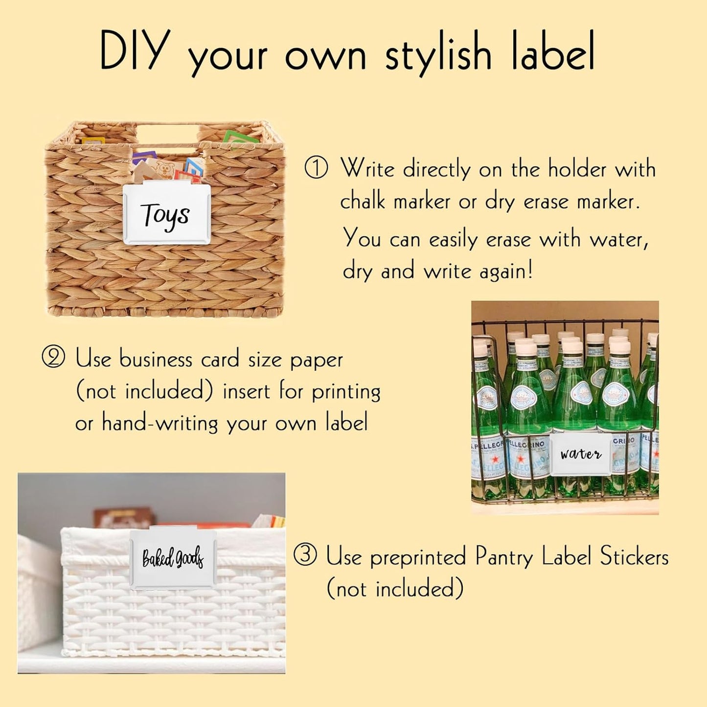 Basket Labels Clip on | Label Holders for Basket or Storage Bins Includes Black Chalk Markers (30 White Holders + 4 Black Chalk Makers)