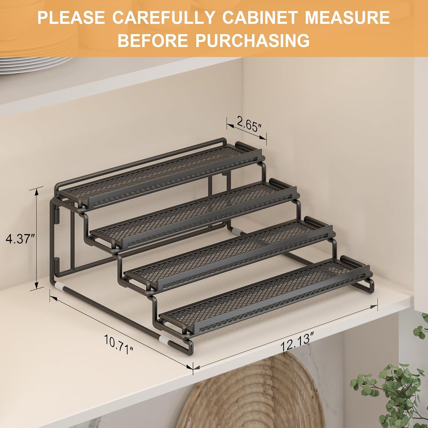 4 Tier Spice Rack Organizer for Cabinet - Black (2 Pack) | Spice Holder Shelf with Protection Railing for Inside Cabinets, Countertop, Pantry Storage & Seasoning Organization