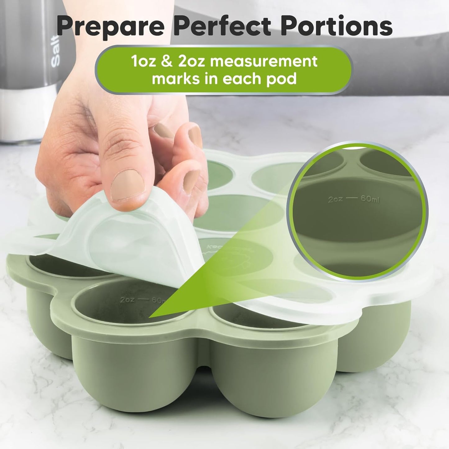 KeaBabies Silicone Food Freezer Trays with Lid, 2oz x 10 Pods Baby Food Storage Containers, Easy Puree Meal Prep, Breast Milk Silicone Freezer Molds, Dishwasher, Microwave Safe, BPA-Free (Sage)