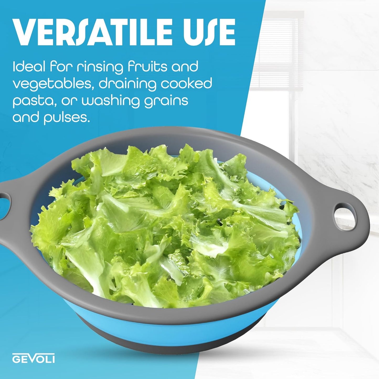 Strainer with Self-Draining Base (5QT) Over-Sink Collapsible Kitchen Colander Set with Side-drain Base for Pasta Vegetables and Fruit, XL Large Capacity, Dishwasher Safe (5-Quart) Blue/Gray