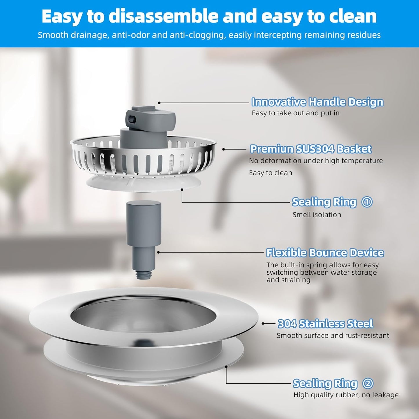 Hibbent 3 in 1 Kitchen Sink Drain Strainer, Stainless Steel Drain Stopper Combo, Pop Up Sink Stopper, Anti-Clogging Metal Basket Strainer with Handle for US Standard 3-1/2" Drain