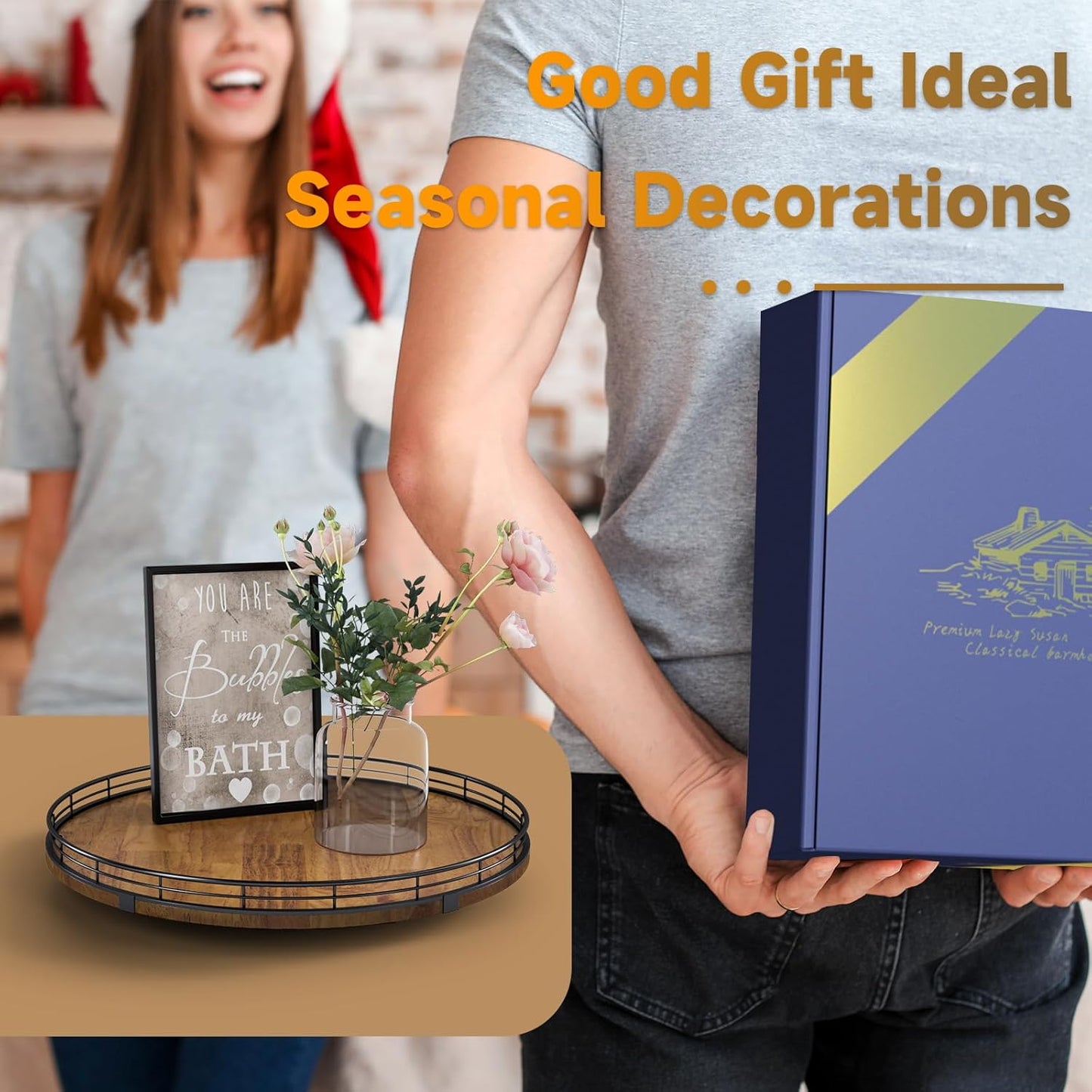 Farmhouse Oak 16" Lazy Susan Turntable Organizer for Cabinet, Round Wooden Lazy Susan Organization and Storage for Dining Table, Pantry, Kitchen, Countertop, Cupboard,Home Decor, Walnut Wood (16")