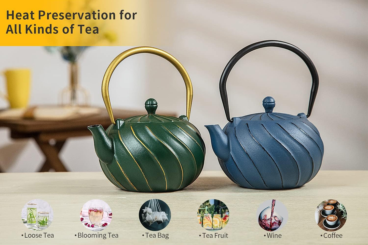 Tea Kettle, TOPTIER Japanese Cast Iron Teapot with Stainless Steel Infuser, Cast Iron Tea Kettle for Stove Top, Wave Design Teapot Coated with Enameled Interior for 30 Ounce (900 ml), Navy Blue