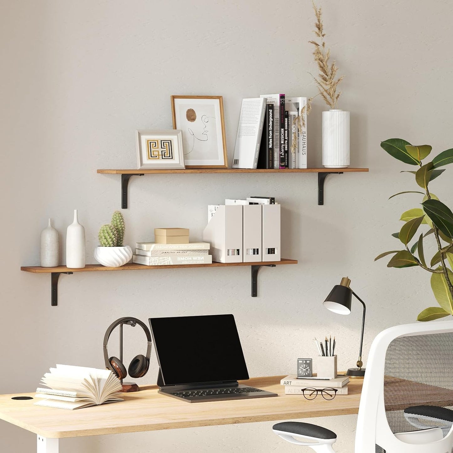 DINZI LVJ Long Wall Shelves, 55.1Inch Wall Mounted Shelves Set of 2, Extra Large Floating Storage Ledges with Sturdy Metal Brackets for Living Room, Bathroom, Bedroom, Kitchen, Rustic Brown