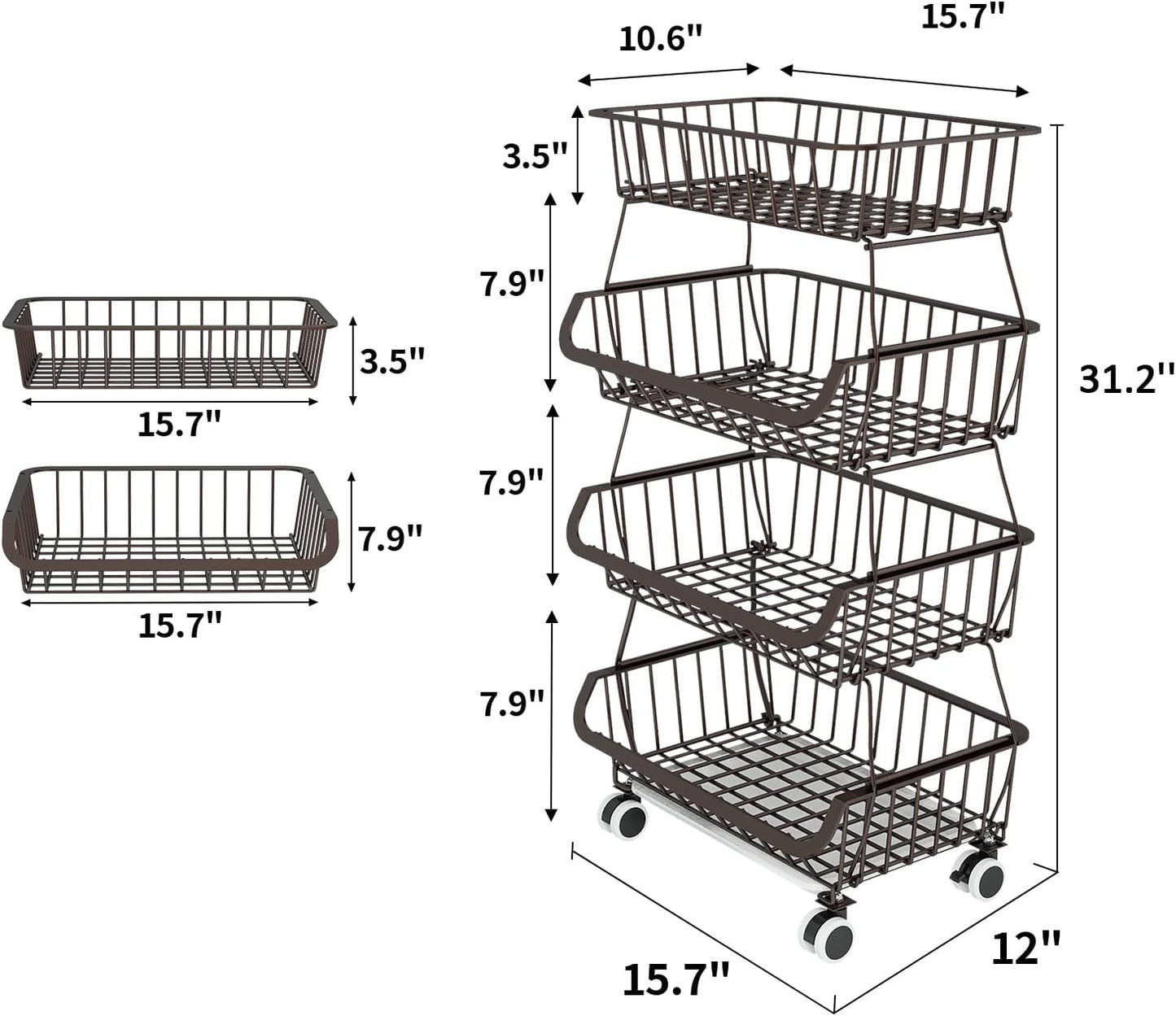Fruit Vegetable Storage Basket for Kitchen - 4 Tier Stackable Metal Wire Baskets Cart with Rolling Wheels Utility Fruits Rack Produce Snack Organizer Bins for Pantry Bathroom Laundry Bronze