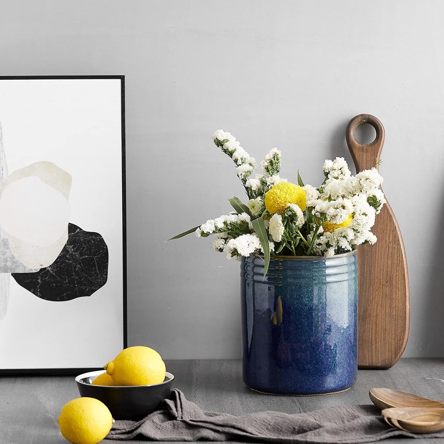 DOWAN 7.2" Kitchen Utensil Holder, Extra Large Farmhouse Utensil Holders for Countertop, Ceramic Utensil Crock, Anti Slip Cork Bottom (Multicolor, 7.2 Inch)