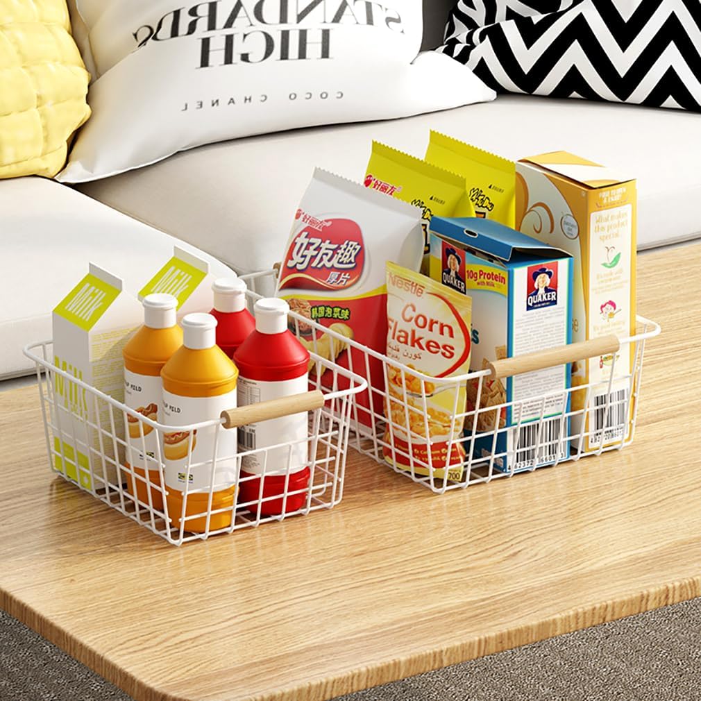 LeleCAT white wire baskets for organizing with Wooden Handles Storage Organizer Baskets, Household snack basket for Cabinets, Pantry, Closets, Bedrooms, pantry organizers and storage - Set of 2(White)
