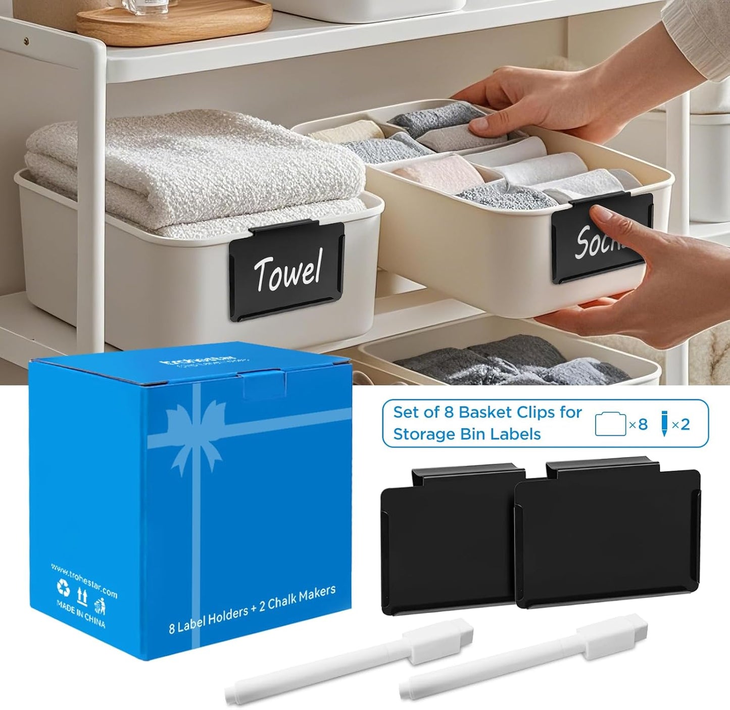 Metal Pantry Baskets Labels Clip On for Storage Bins | Edge Fold-Cream (Edge Fold-Black, 8 Metal Label Clip)