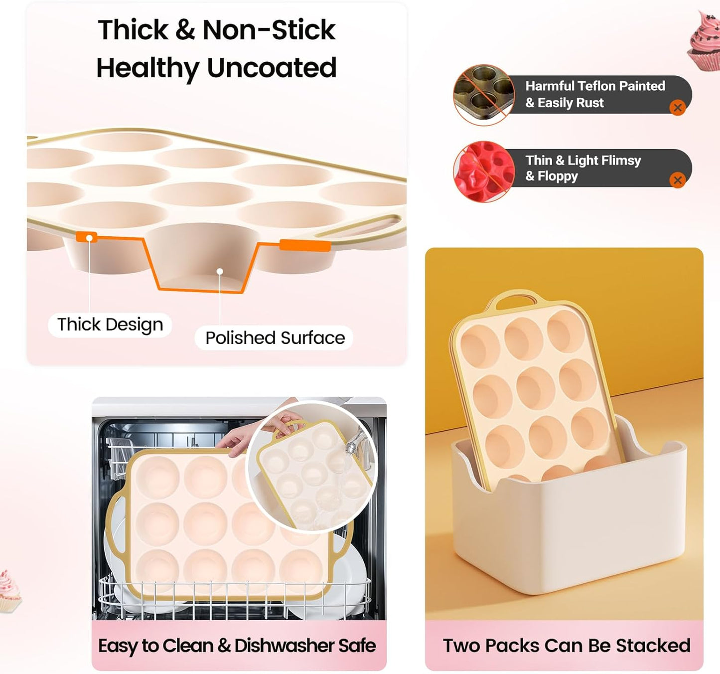 Silicone Muffin Pans for Baking 2 Pack, 2.6 Inch with Metal Reinforced Frame, Regular Size Nonstick Cupcake Pan 12 Cups for Baking Homemade Muffins, Dishwasher Safe BPA Free-Light Yellow