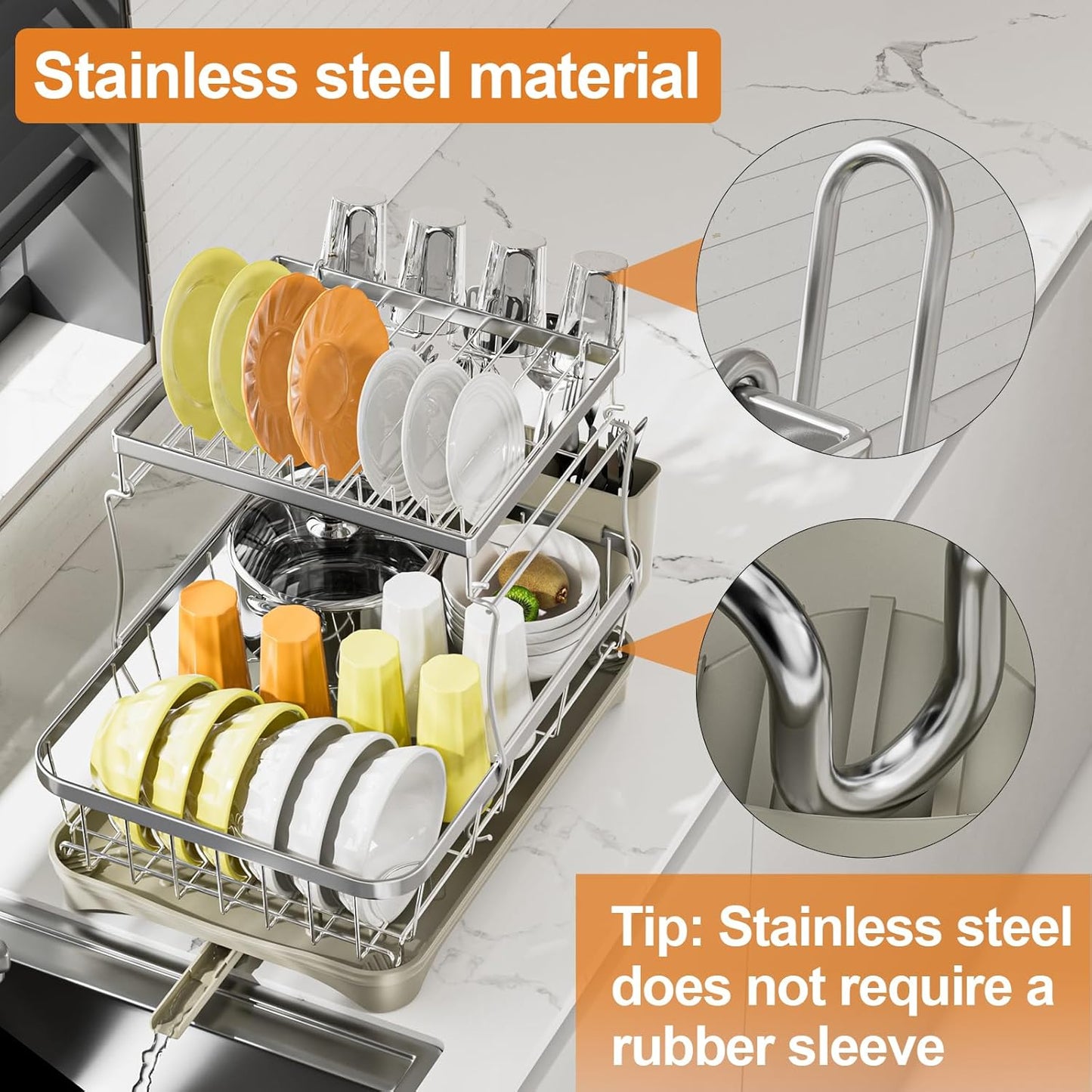 Dish Drying Rack Kitchen 2-Tier 304 Stainless Steel Dish Racks for Kitchen Counter,Dish Strainer with Adjustable Draining Tray,Drying Rack with Water Cup Hook & Cutlery Holder,Grey