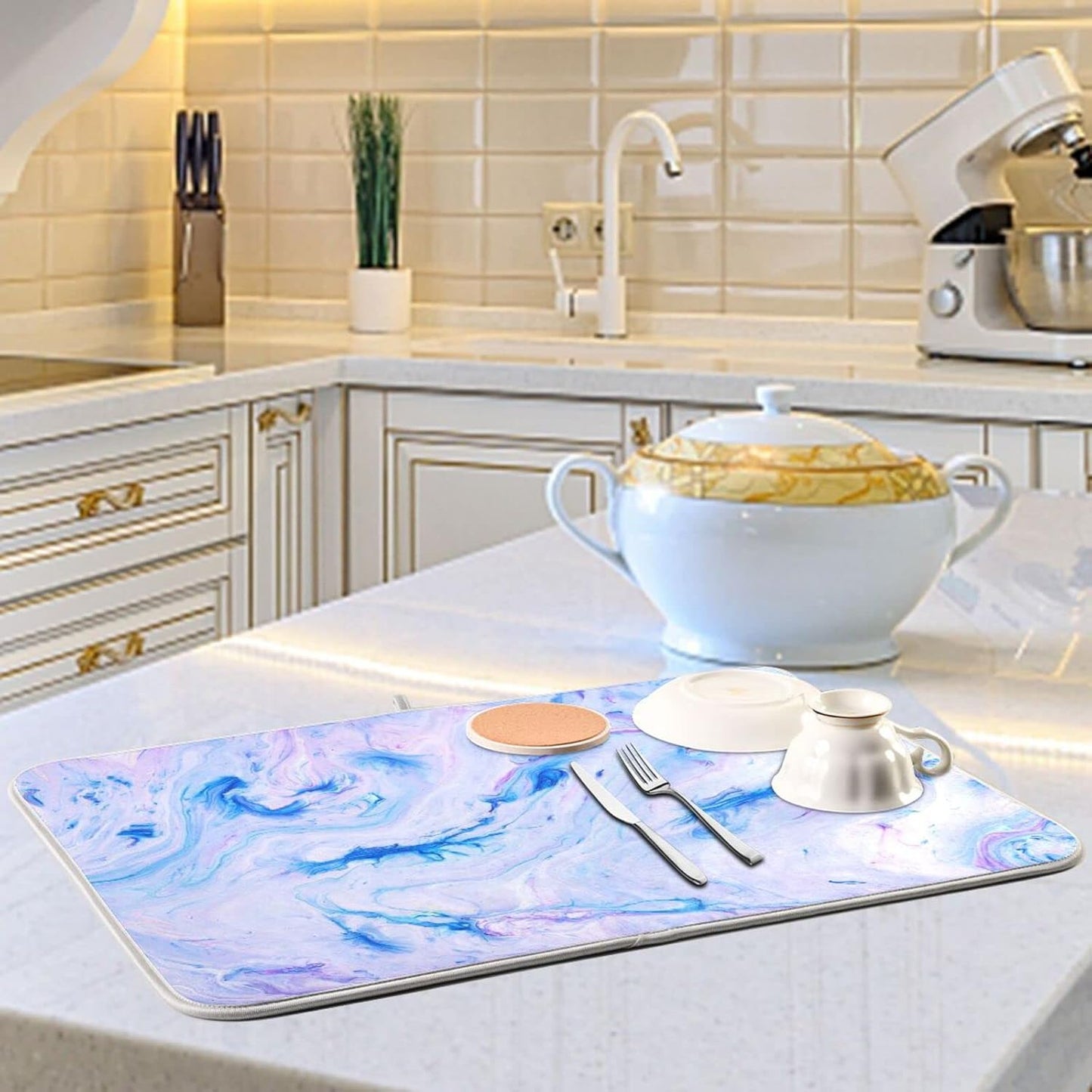 Super Absorbent Dish Drying Mat, Microfiber Fast-Drying Dish Mat, 24" x 18", Kitchen Dish Drying Pad, Marble Blue Pink