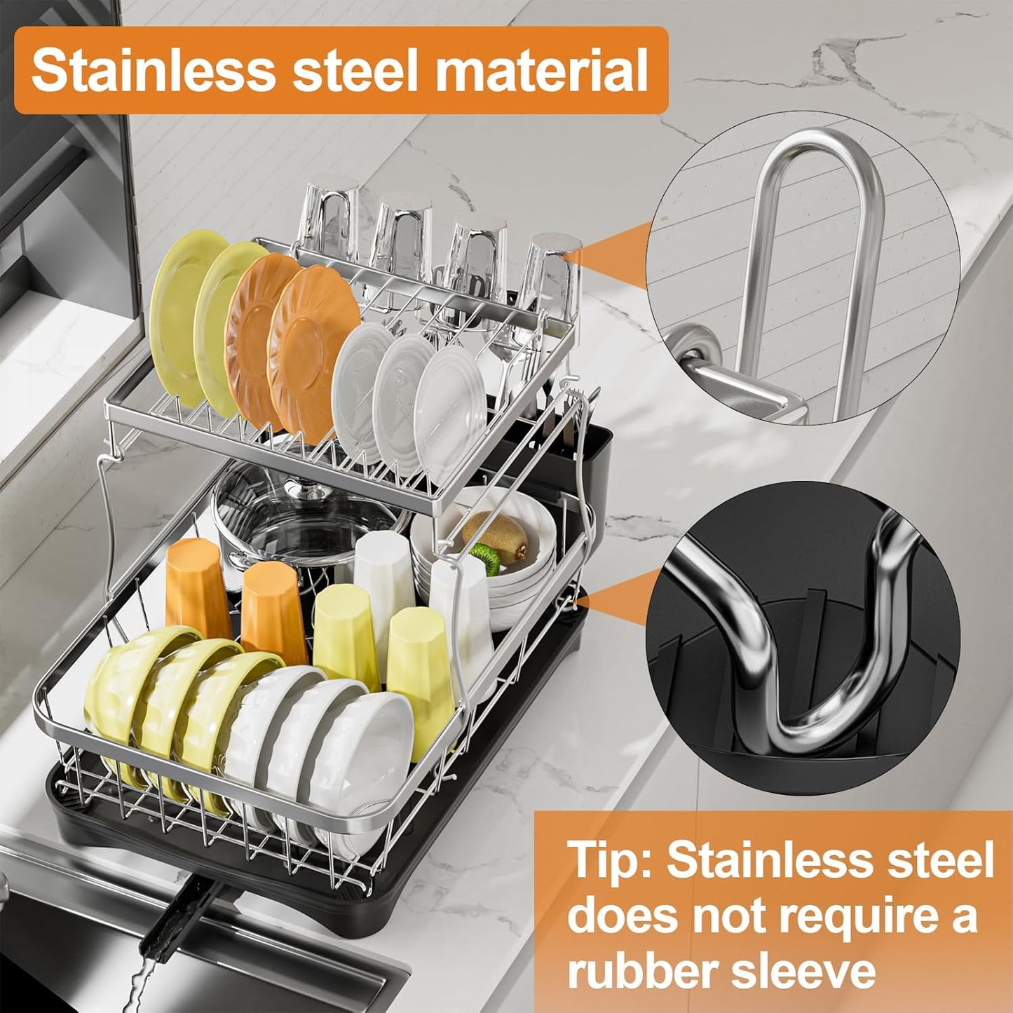 Dish Drying Rack Kitchen 2-Tier 304 Stainless Steel Dish Racks for Kitchen Counter,Dish Strainer with Adjustable Draining Tray,Drying Rack with Water Cup Hook & Cutlery Holder,Black