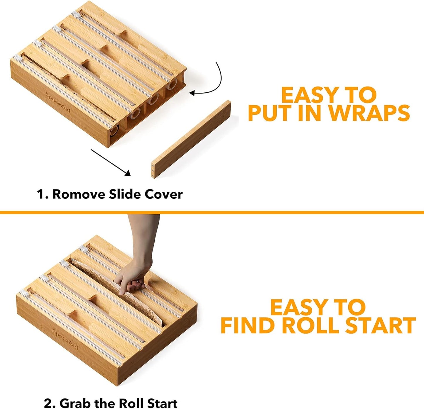 SpaceAid WrapNeat 4 in 1 Wrap Organizer with Cutter and Labels, Plastic Wrap, Aluminum Foil and Wax Bamboo Dispenser for Kitchen Storage Organization Holder for 12" Roll (Natural, 4-Slot)